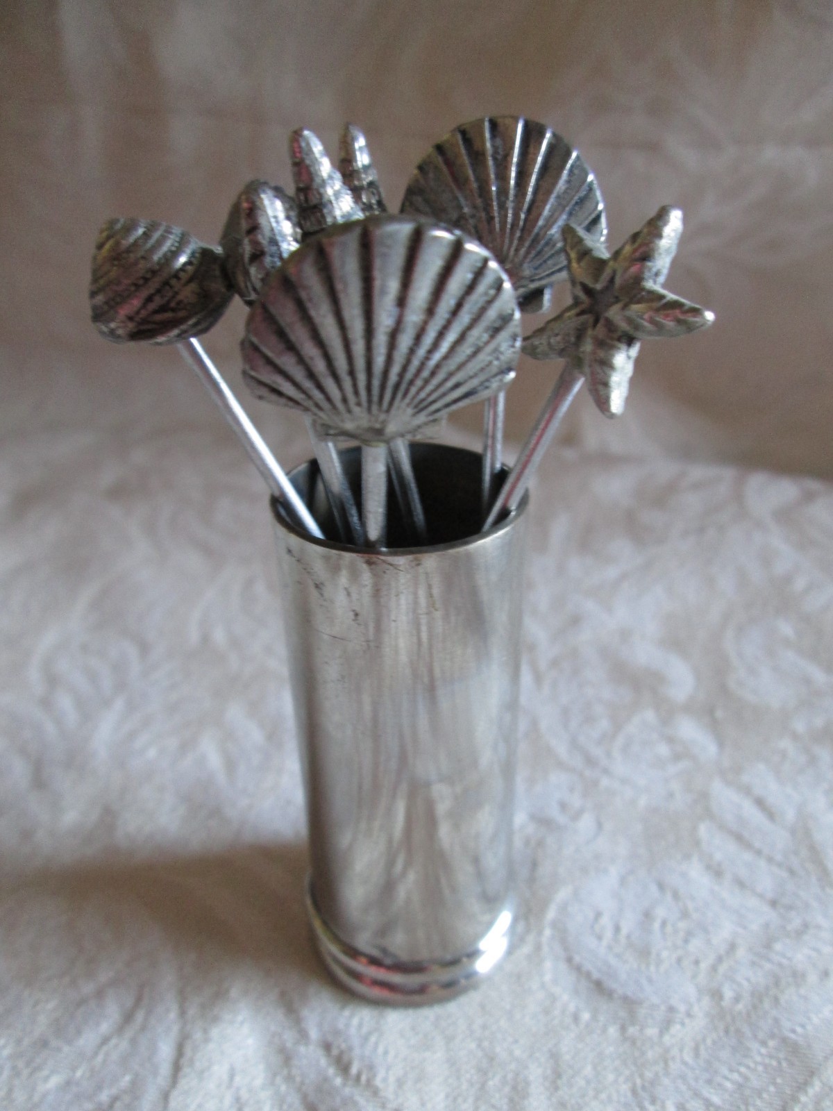 Vintage pewter 8 shell cocktail picks & holder