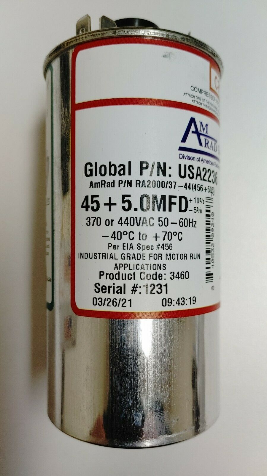 AmRad Round Run Capacitor 45/5 MFD 370/440 VAC USA2236