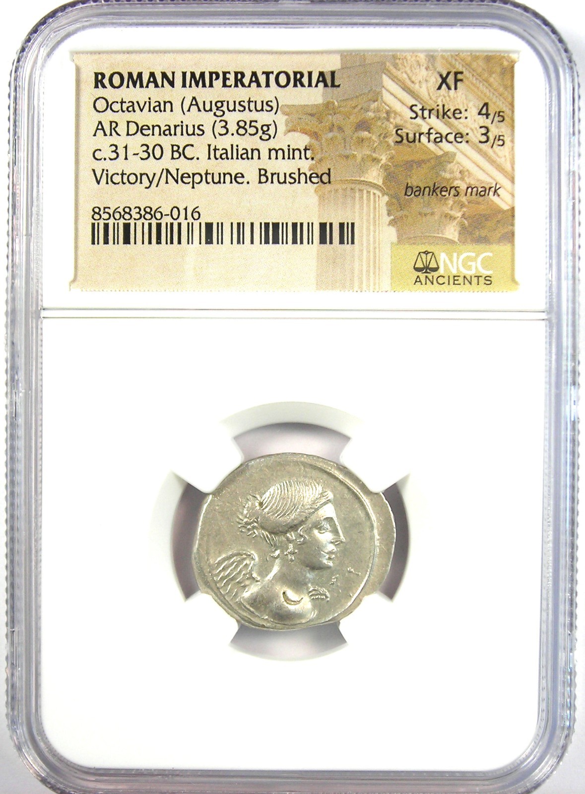 Augustus AR Denarius Silver Octavian Roman Coin 31 BC - Certified NGC XF (EF)