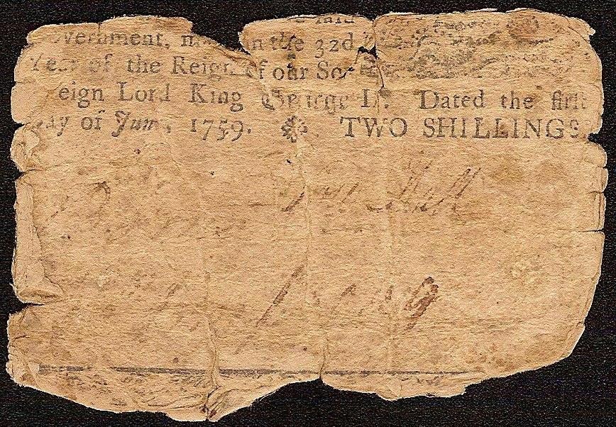 1759 DELAWARE 2s BENJAMIN FRANKLIN COLONIAL CURRENCY HALF NOTE DE-63