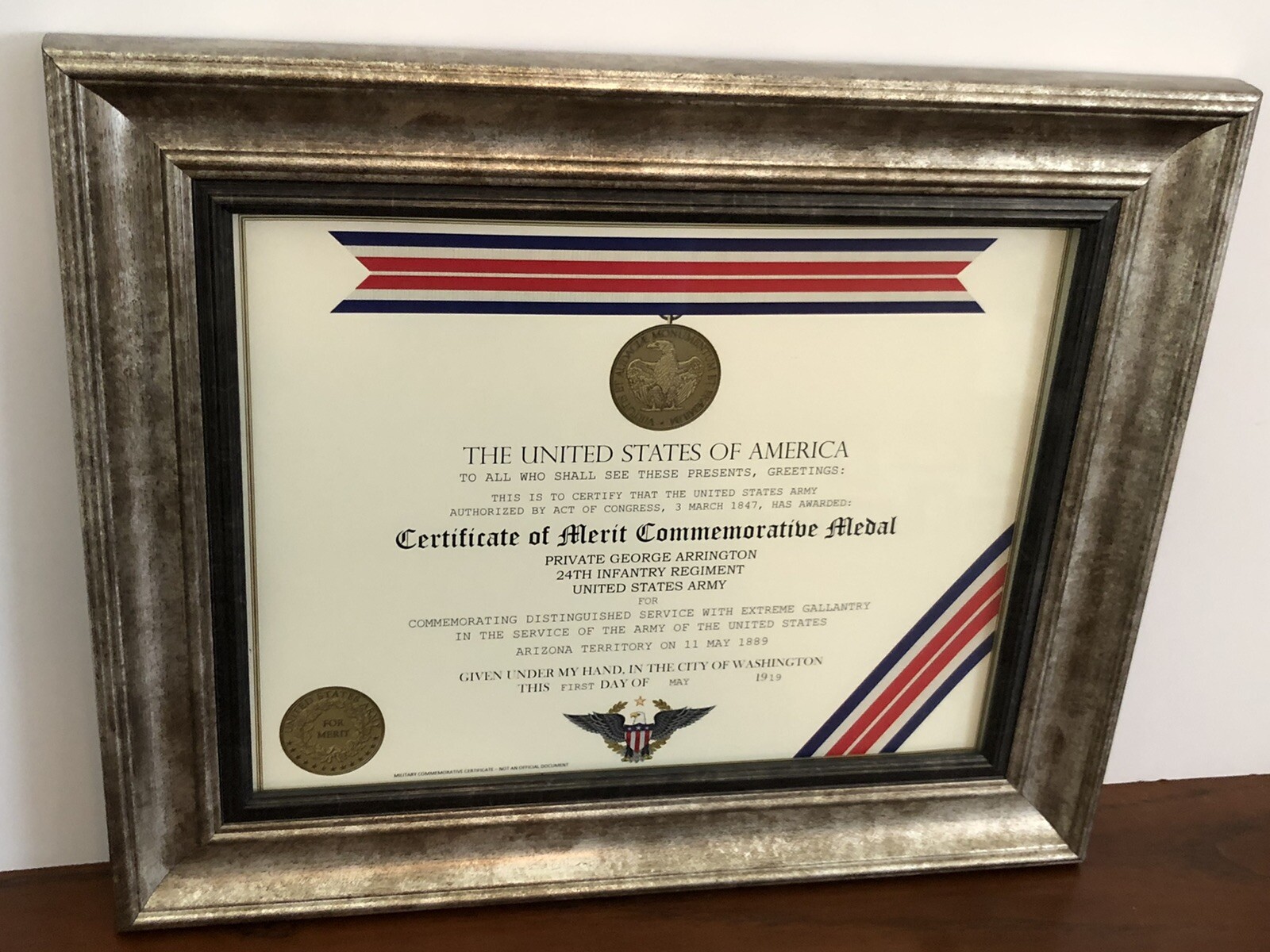 CERTIFICATE OF MERIT COMMEMORATIVE MEDAL CERTIFICATE ~ Type 1 w/Custom Printing