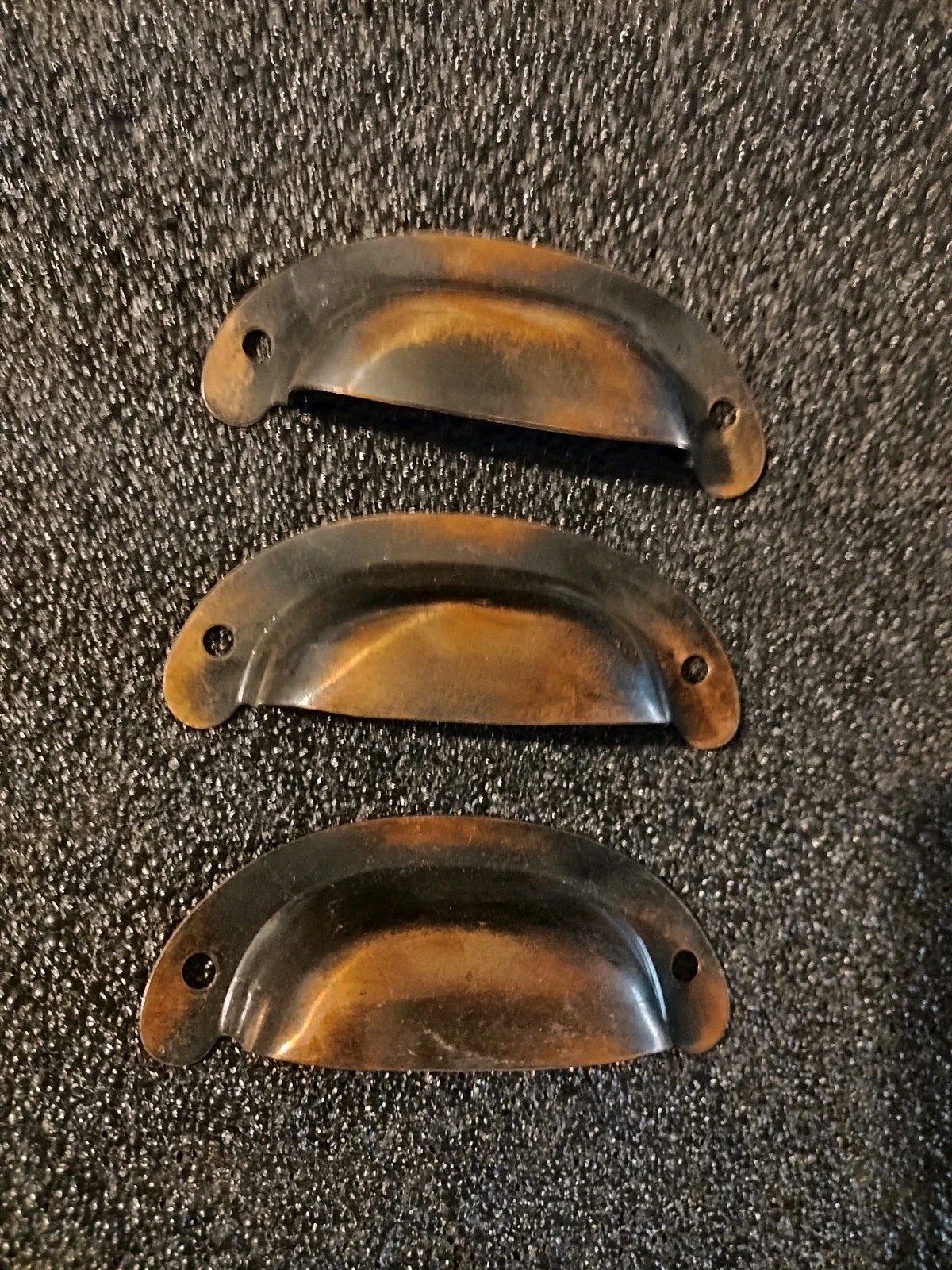 3 matching kitchen Cabinet BIN PULLS Antique Vintage Copper Japanned Handles
