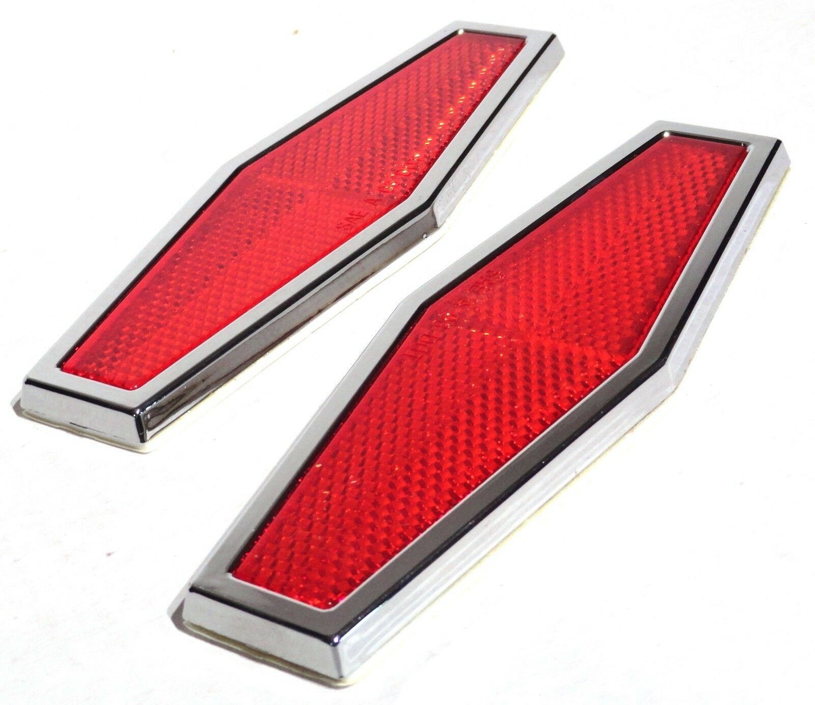 Red Hexagon Reflectors 1-3/4" x 5-1/2 Acrylic Lens Chrome Trim Stick-On GG#80864
