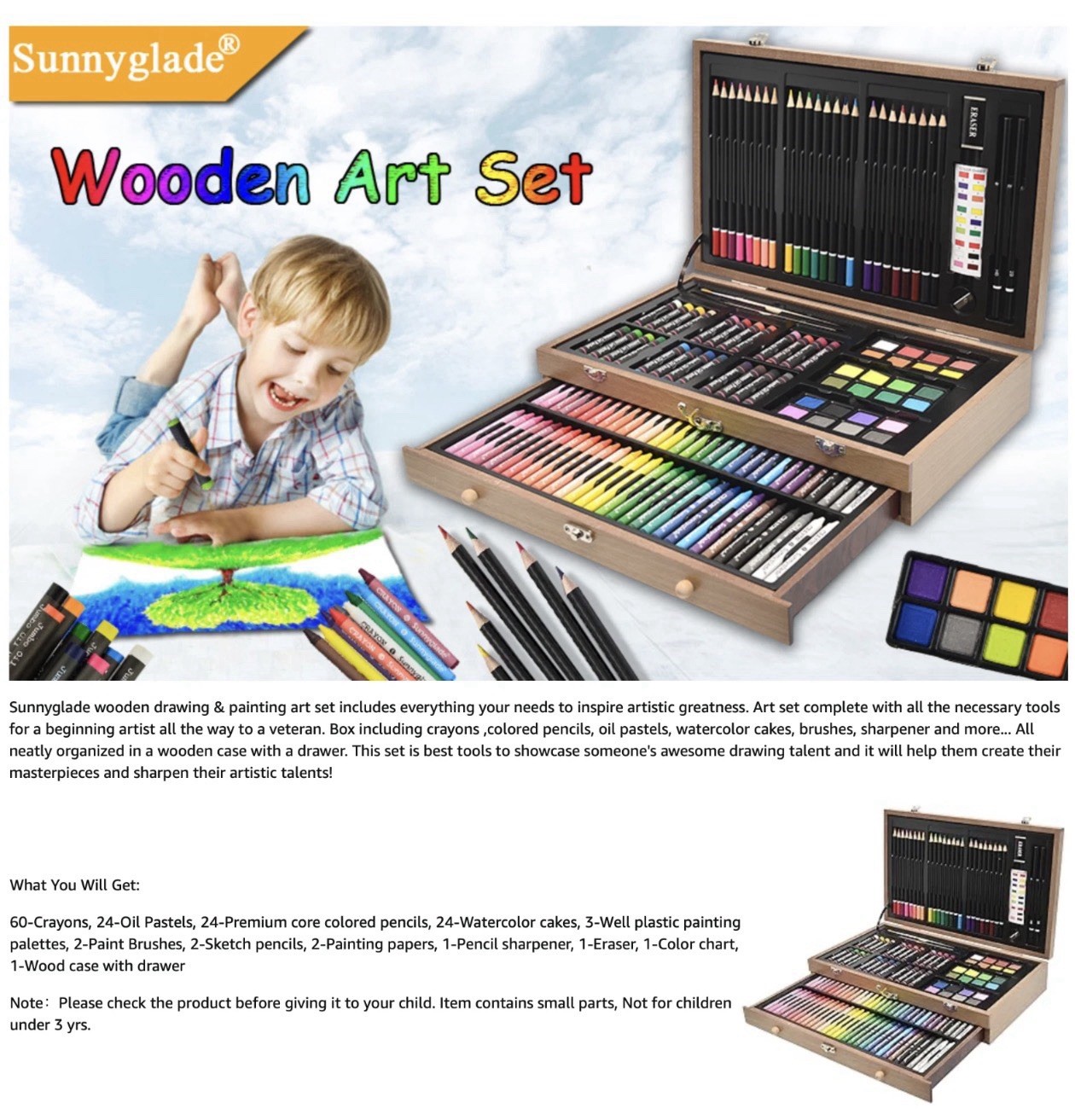 145 Piece Deluxe Art Set Wooden Art Box & Drawing Kit with Crayons Oil Pastels..