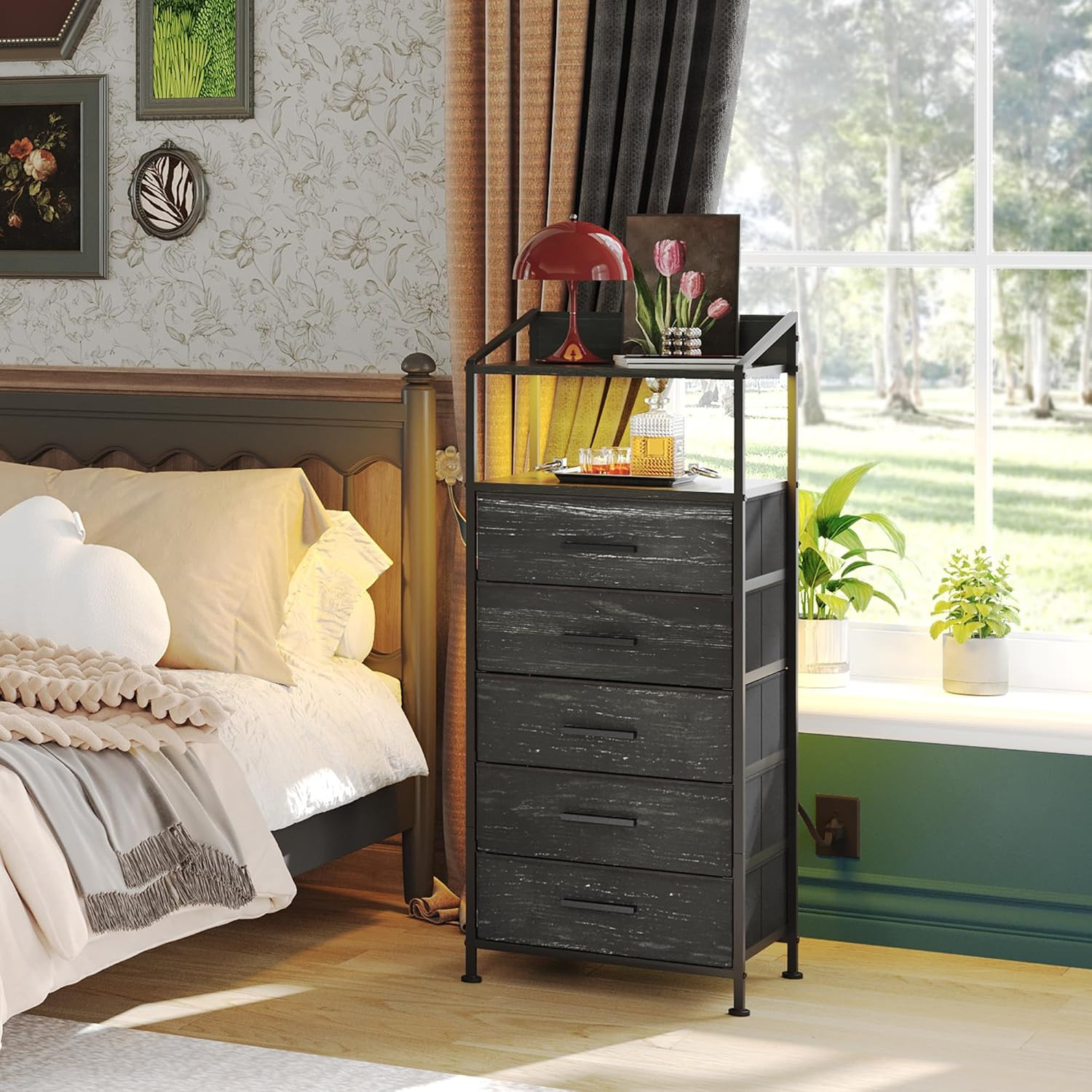 Nightstand 5 Drawer Dresser with LED Lights and Charging Station, Vertical Side