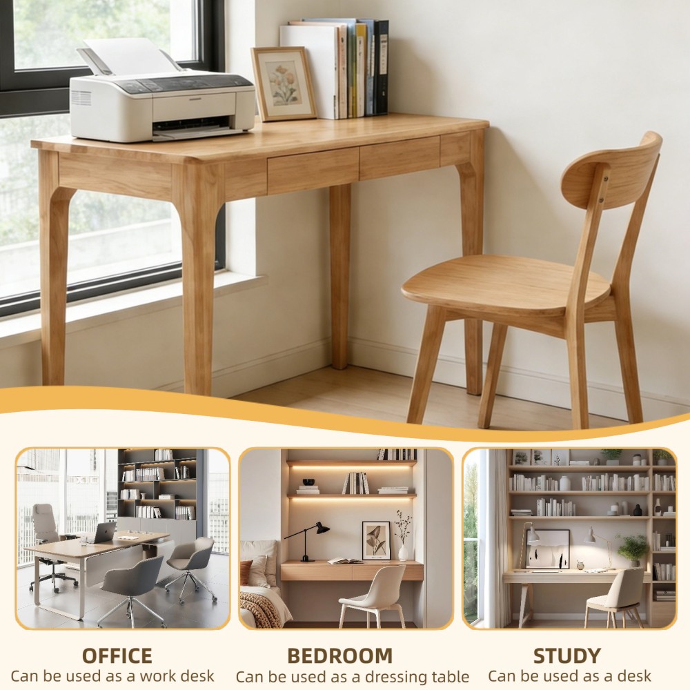 Modern Solid Wood Writing Desk with 2 Drawers, Compact Office Desk