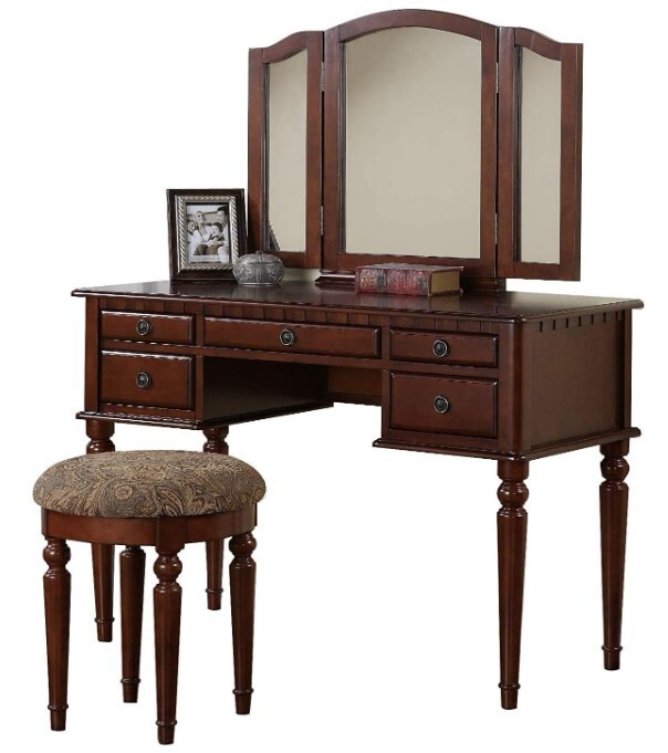Ladies Vanity Table Set Brown Wood Girls Make Up Storage Desk Mirror & Stool