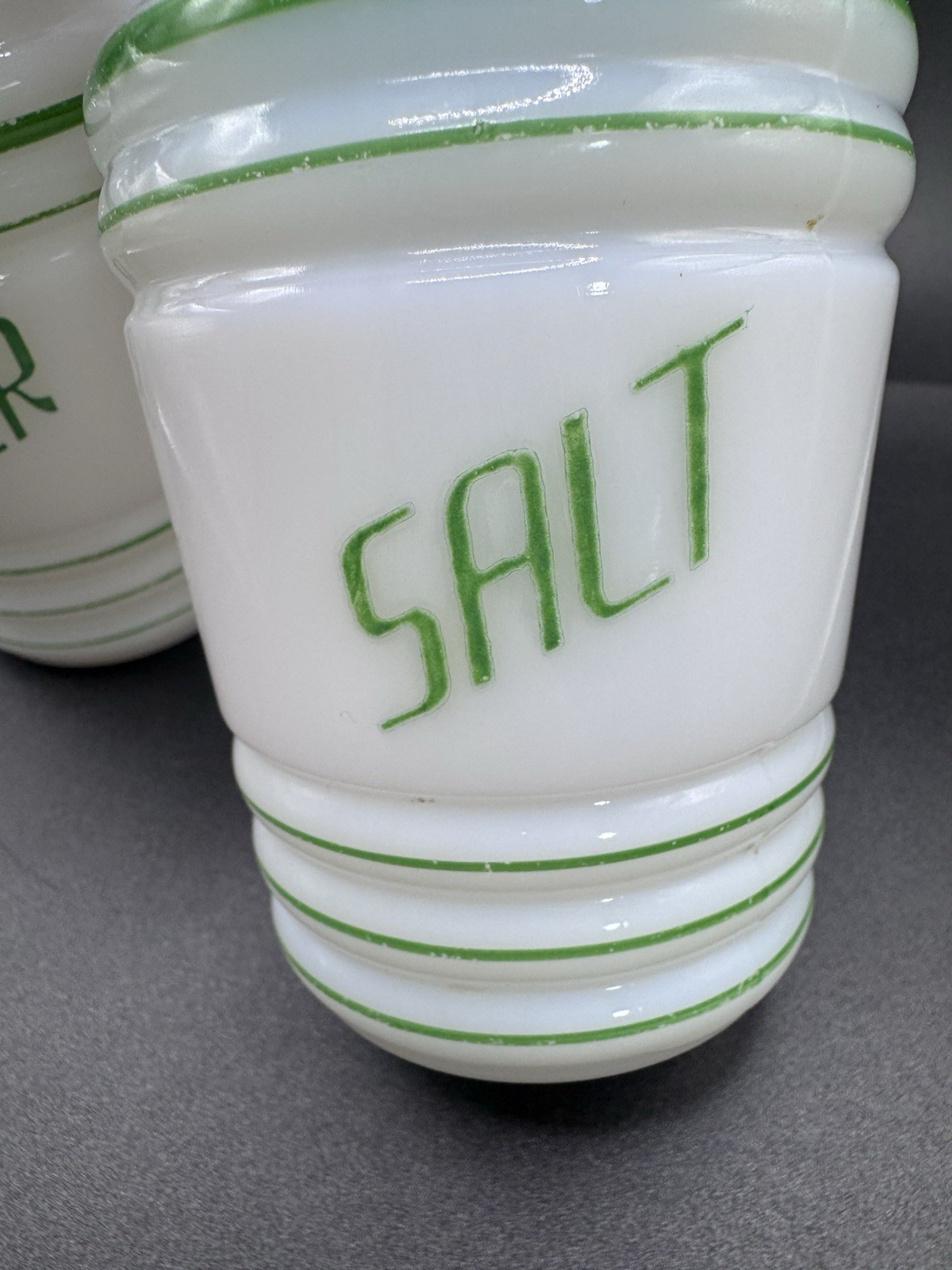 HAZEL ATLAS White Milk Glass Green Letters 1940s Ribbed Salt Pepper Shakers Set