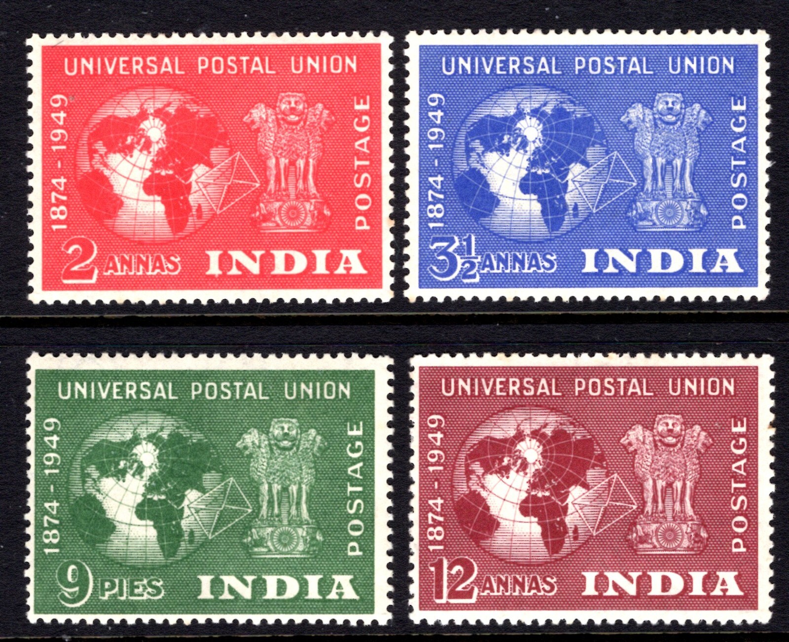 India  223-226, hinged $35.50 Michel 207-210. UPU-75 1949. Symbols, Asoka Pillar