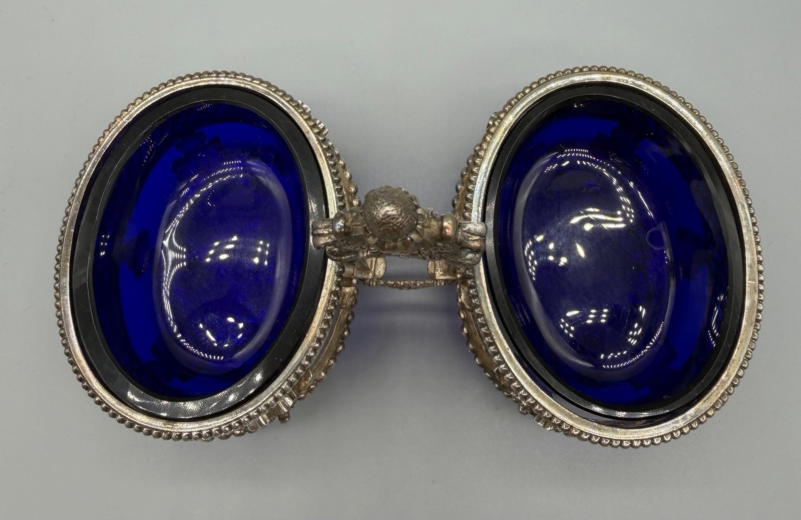 Belgian .900 Silver Double Salt Cellar with Cobalt Glass Liners, 334 grams