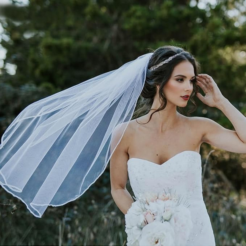 Bridal Veil Pearl Beaded Edge Fingertip Length Wedding Veil for Women White 3...