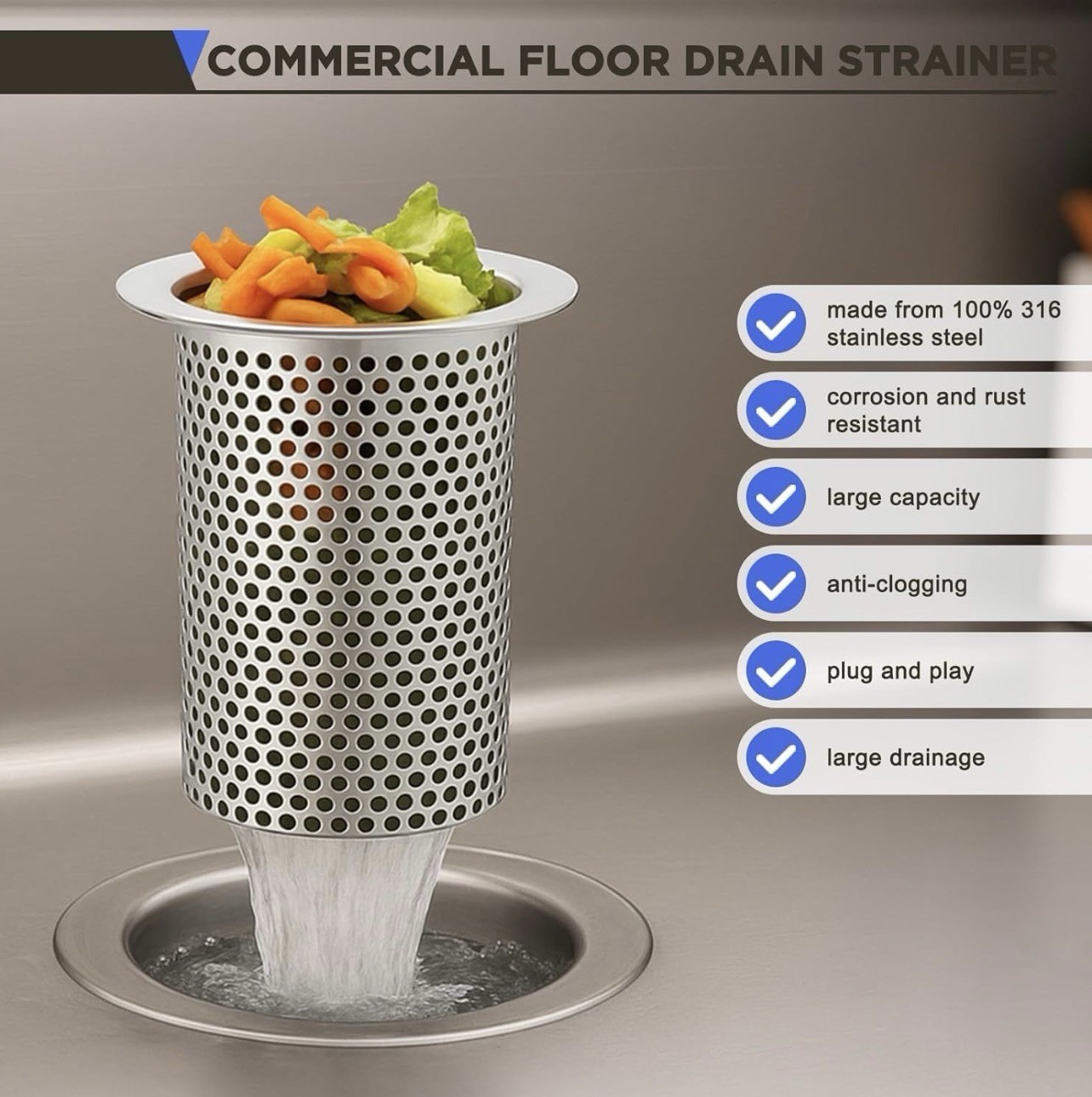 4" Diameter Commercial Floor Drain Strainer 6" Tall Perforated New