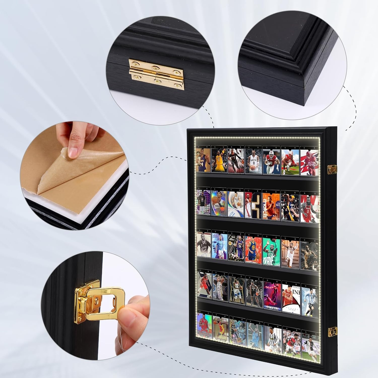 Graded Trading Card Display Case 35 LED Light Sport PSA Slabs Wood Wall Cabinet