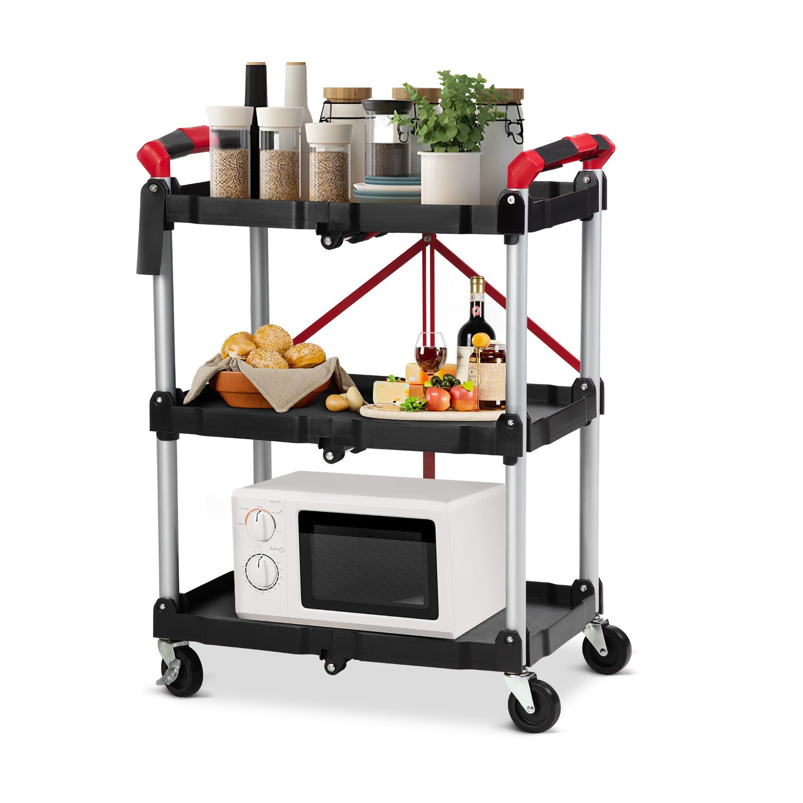 3-Tier Folding Utility Cart with Wheels - Portable Folding Service Cart w/Handle
