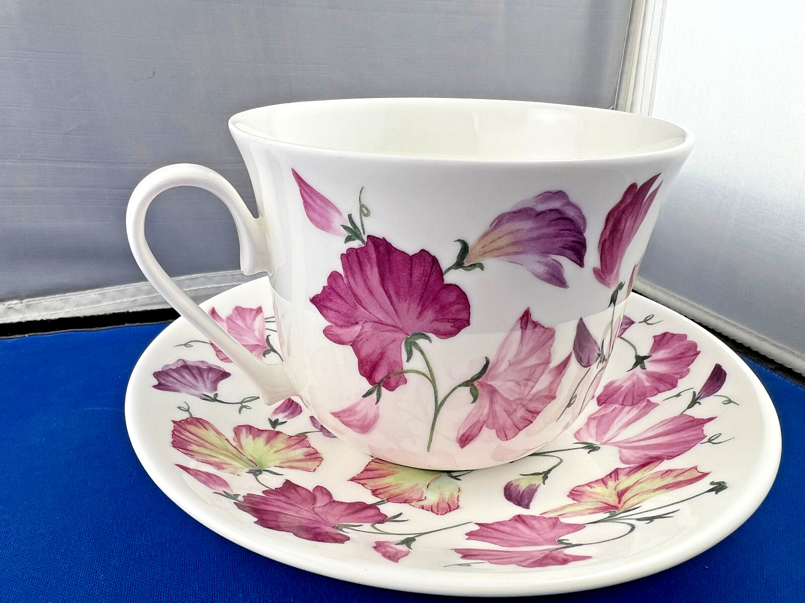 SWEET PEA PINK , BONE CHINA BREAKFAST CUP SAUCER, KIRKHAM, MADE ENGLAND NEW