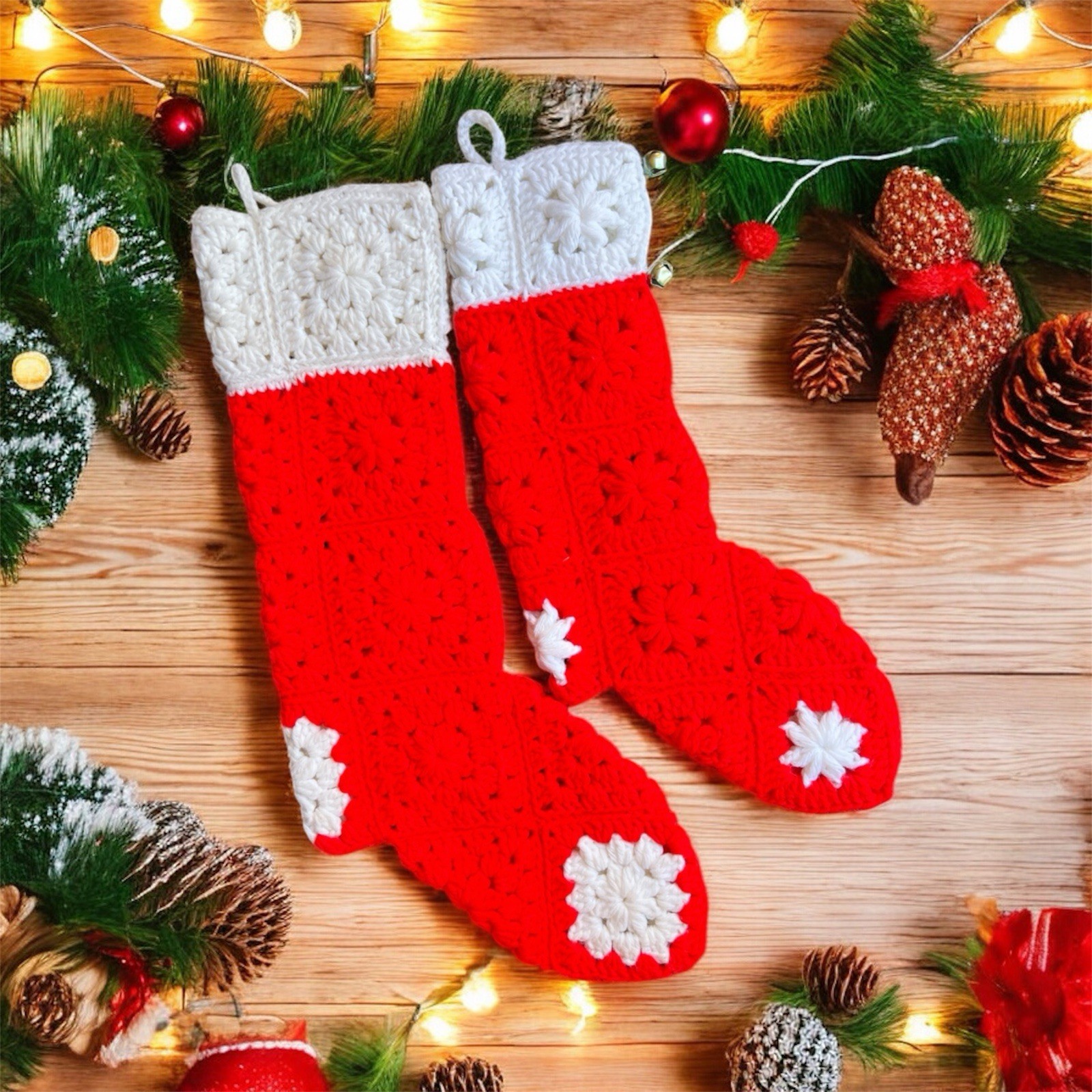 VTG Crochet Christmas Stockings Pair Red White Granny Squares Handmade 21” & 17”