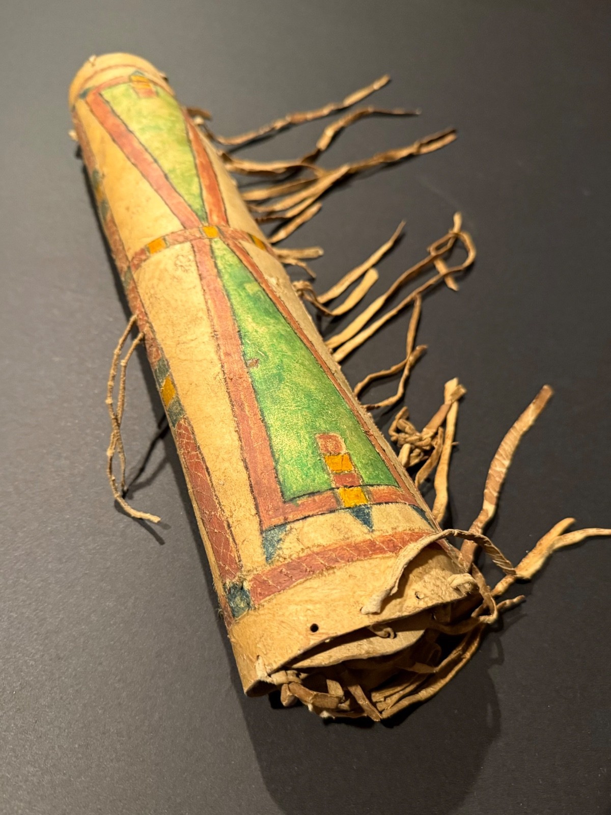 19TH C PLAINS PAINTED PARFLECHE CYLINDER CASE WITH FRINGE, EXCELLENT, NR!