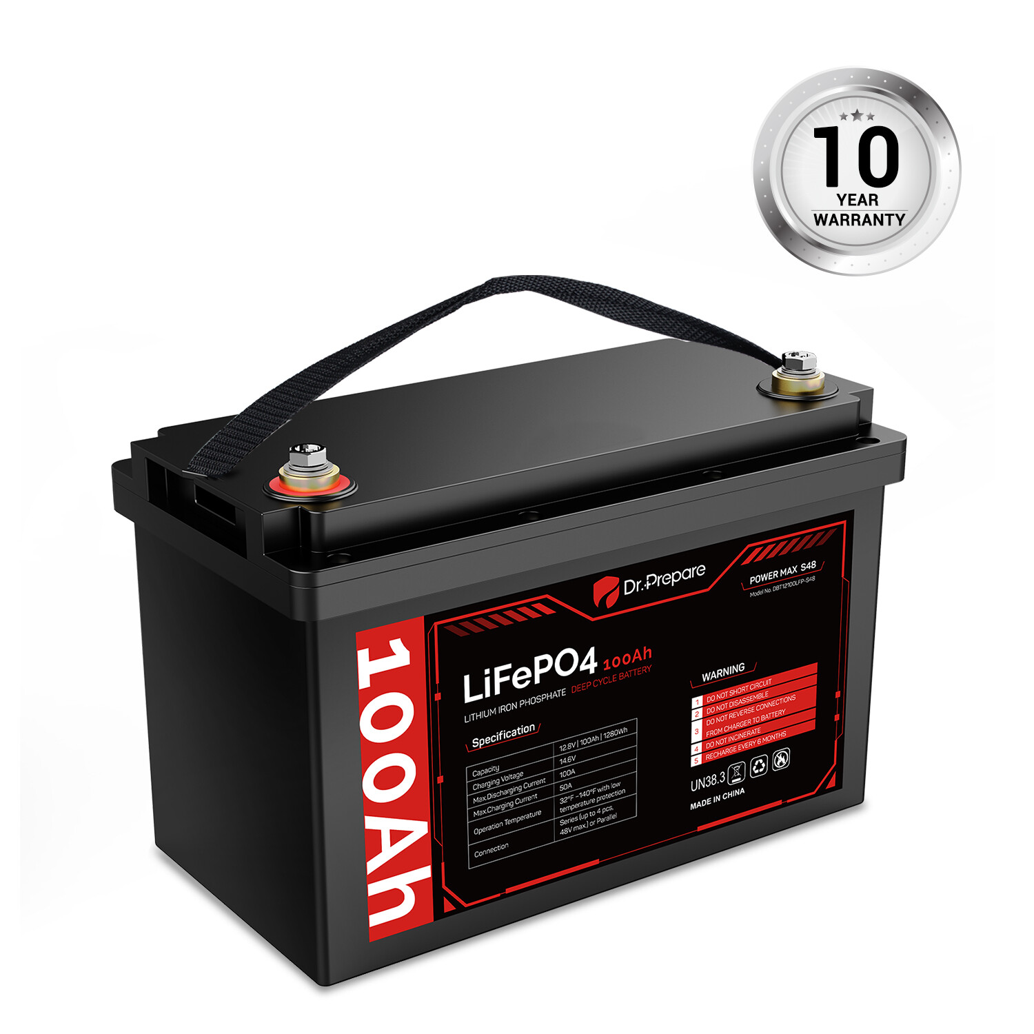 Dr. Prepare 12V 100Ah LiFePO4 Lithium Deep Cycle Battery[10-year Warranty]