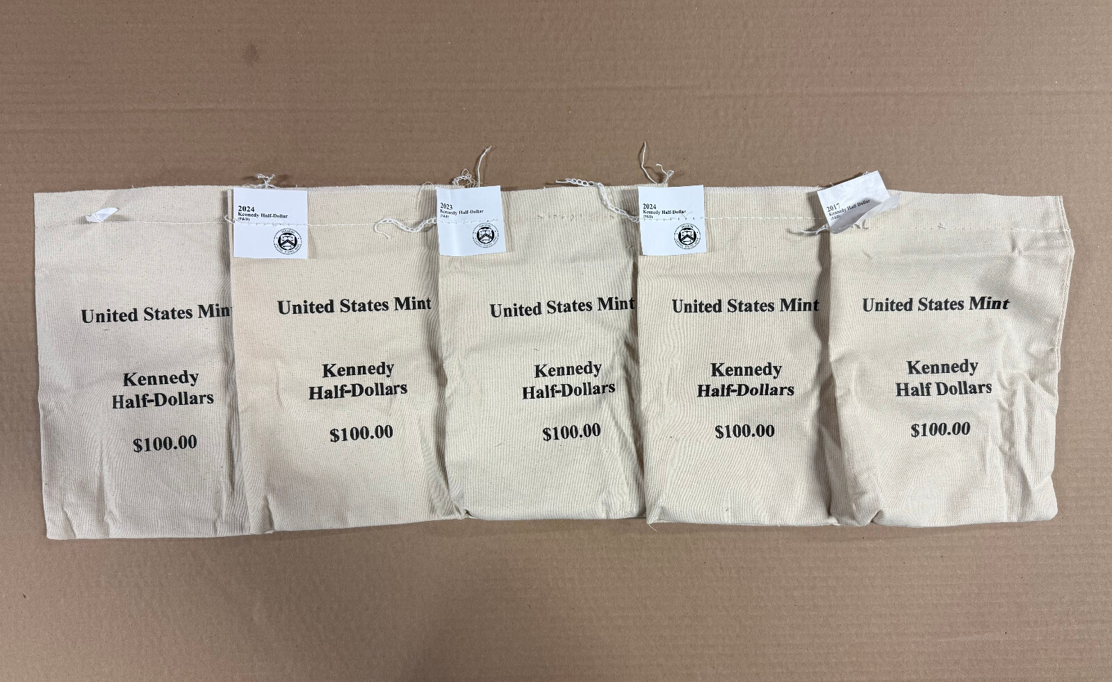 Lot of 5 US Mint Kennedy Half Dollars $100 CANVAS BANK BAGS Empty New Condition