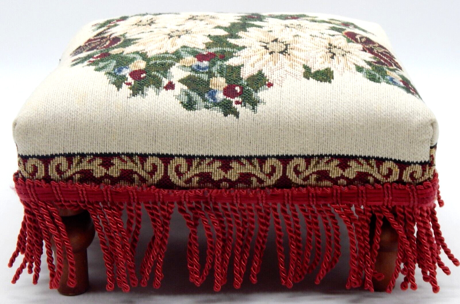 Vintage Needlepoint Square Footstool Wooden Floral Print Fringed Ottman