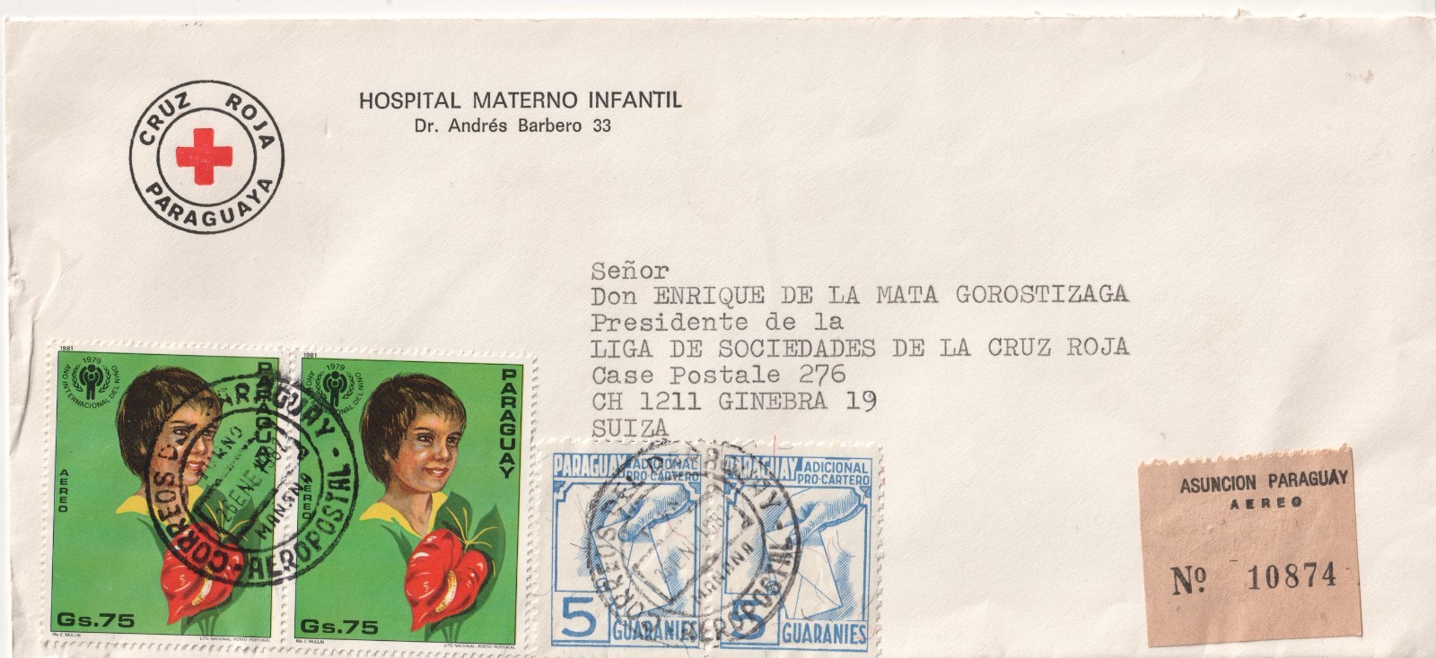 Paraguay 1982 registered  Red Cross cover to Red Cross Geneva