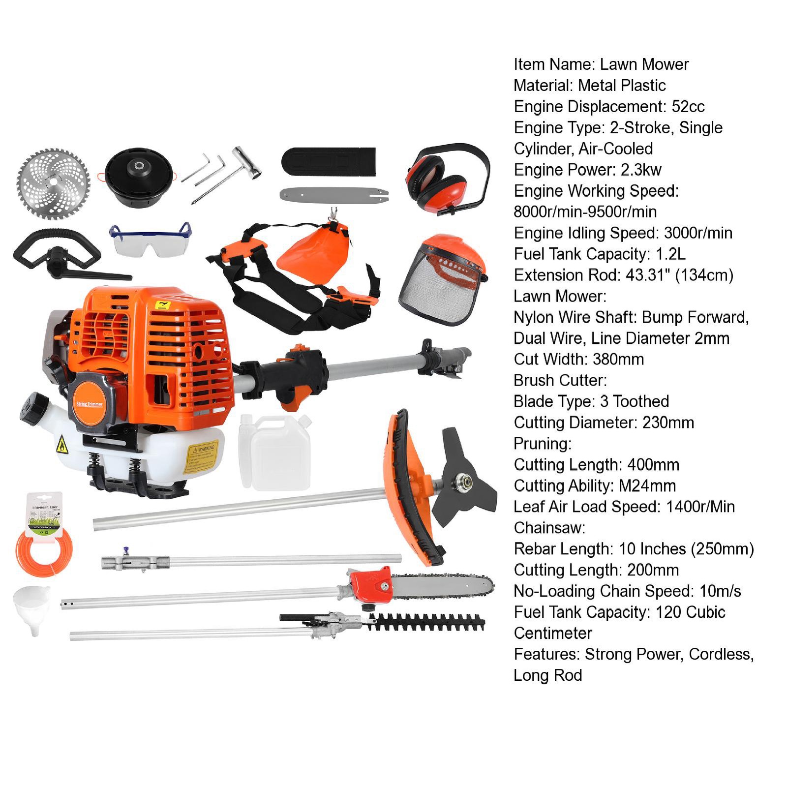 52CC 5 in 1 Brush Cutter 2-Stroke Weed Eater Wacker Gas Powered String Trimmer