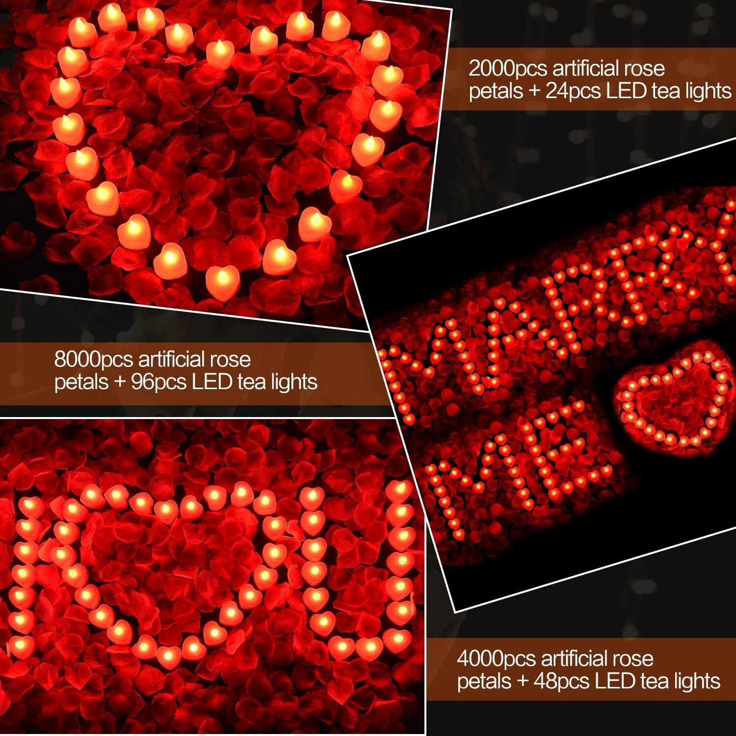 1000/2000pcs Artificial Rose Petals with LED Tea Lights Kit for Special and Rom