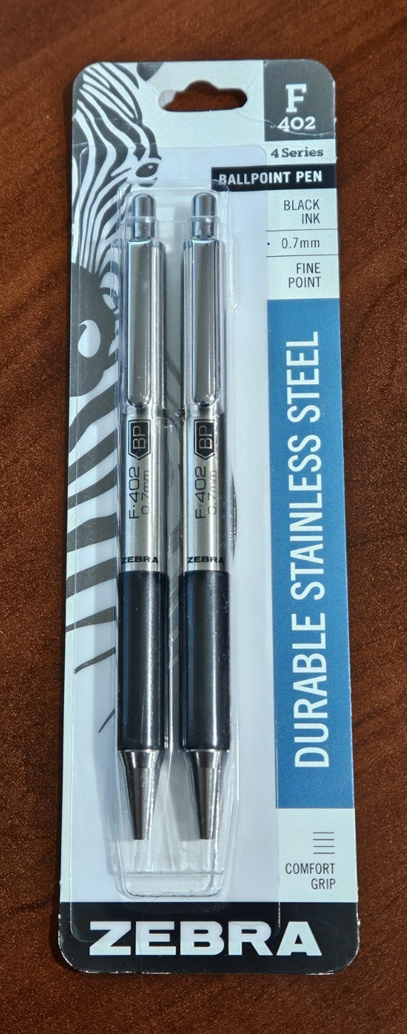 2 Zebra F402 Ballpoint Stainless Steel Retractable Pen Fine Point Black 0.7 mm