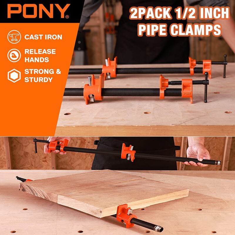 PONY 2-Pack 1/2 Inch Pipe Clamp 52 Wood Gluing Pipe Clamp Fixture for Black Pipe