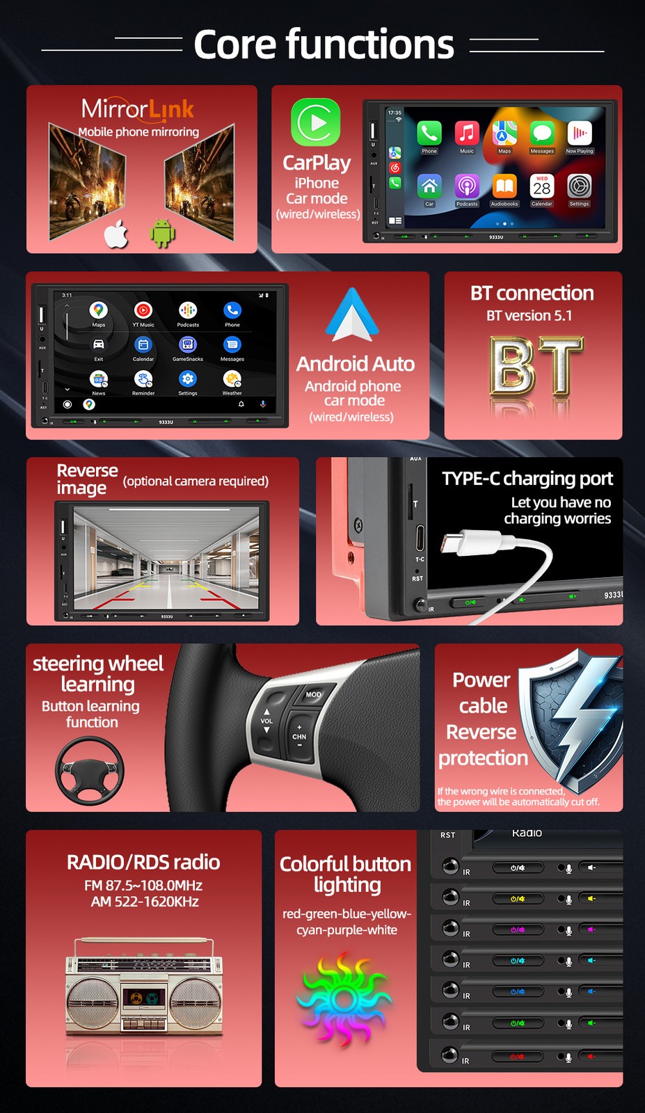 Double 7" 2Din Touch Screen Car Stereo Bluetooth Radio Apple/Android Carplay GPS