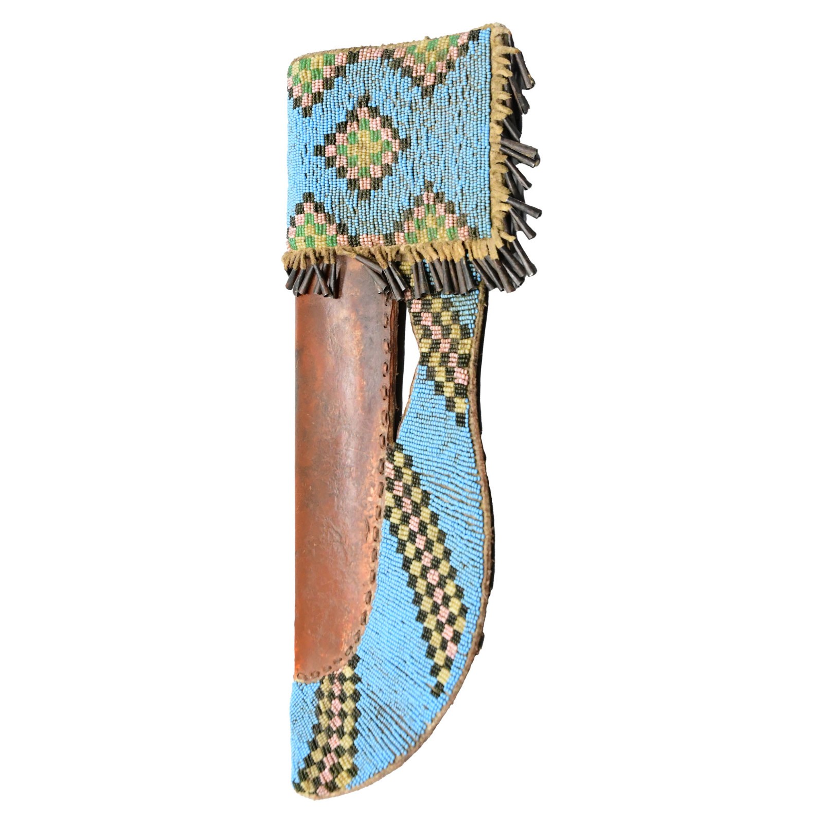 14" 1880s Blackfoot Knife Sheath Blue Beaded and Rawhide With Cones