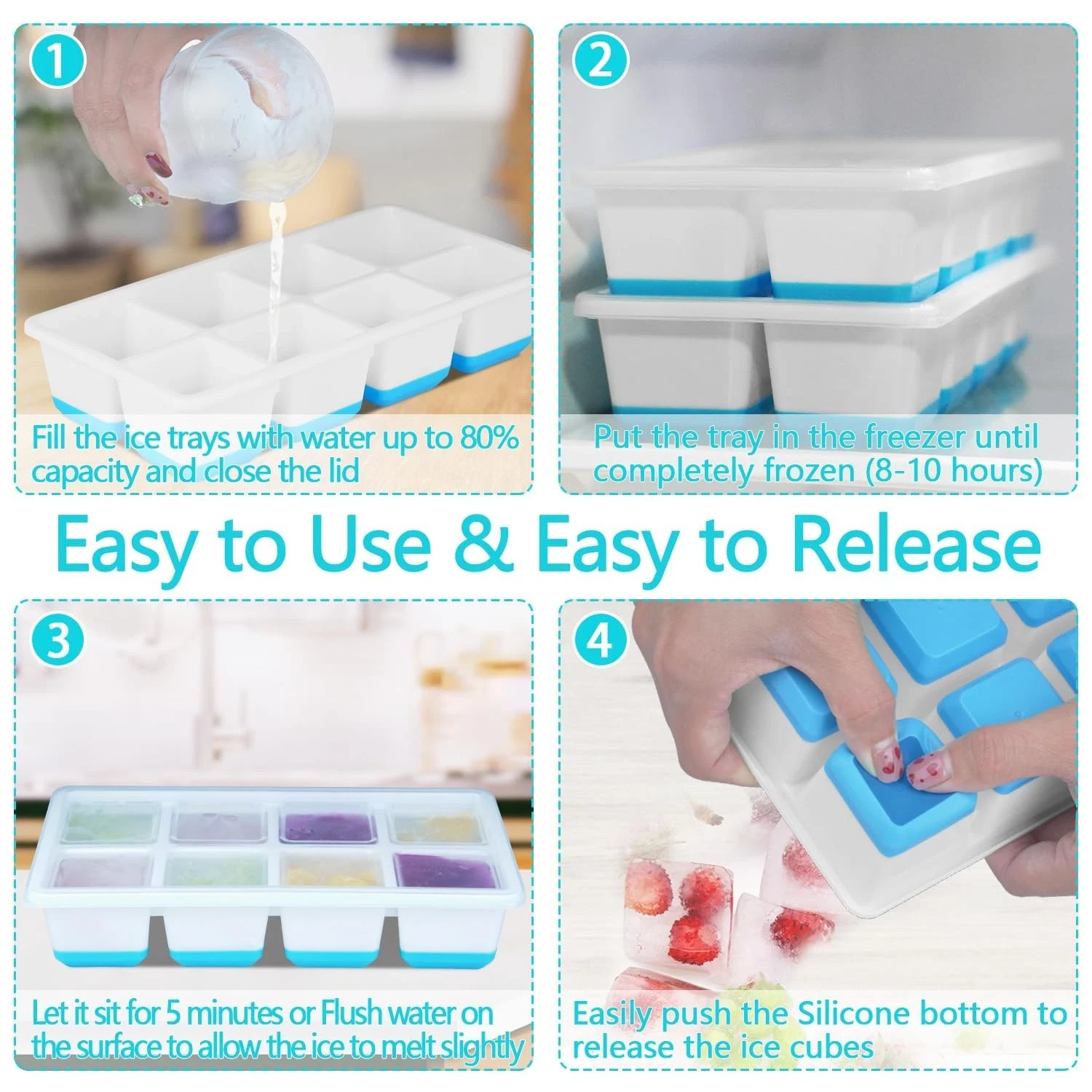 SVOST Large Ice Cube Trays 2 Pack, Silicone Easy-Release Large, Blue White