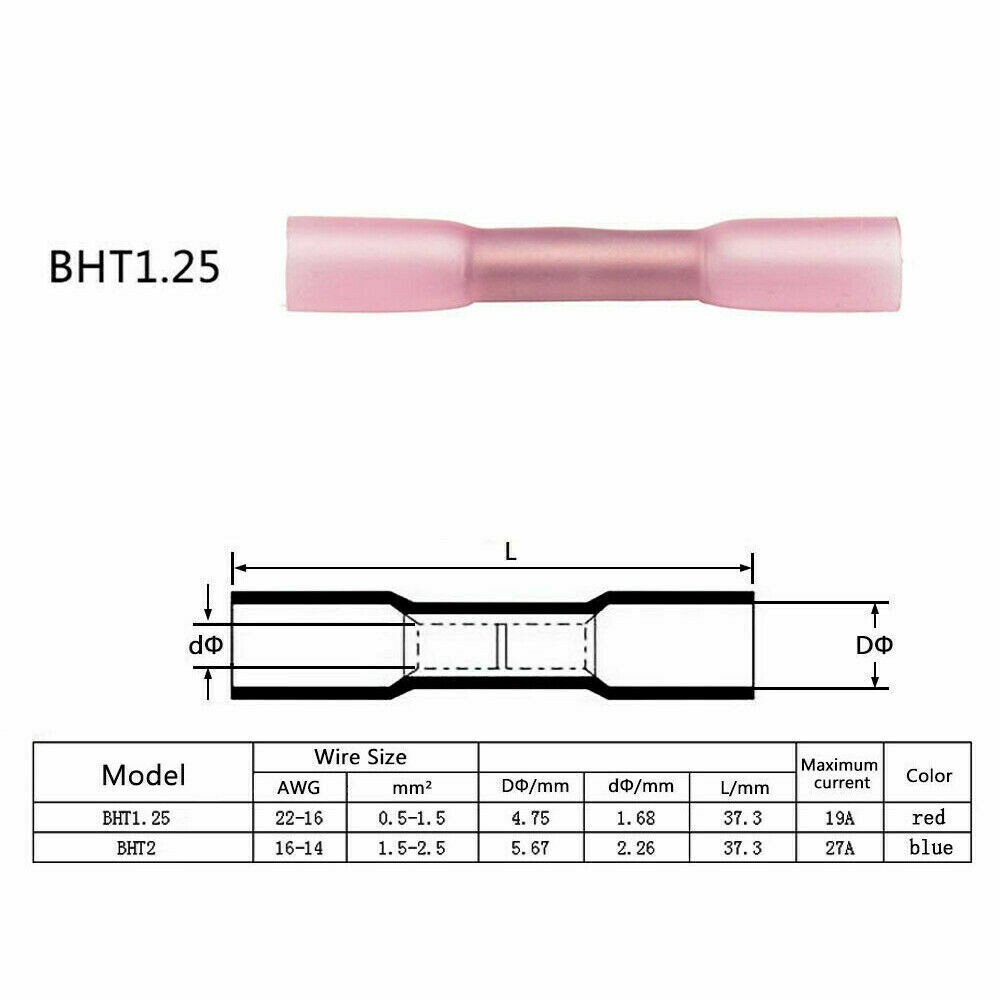 1000PCS Heat Shrink Waterproof Wire Connectors Red 22-16 AWG Butt Seal Terminals