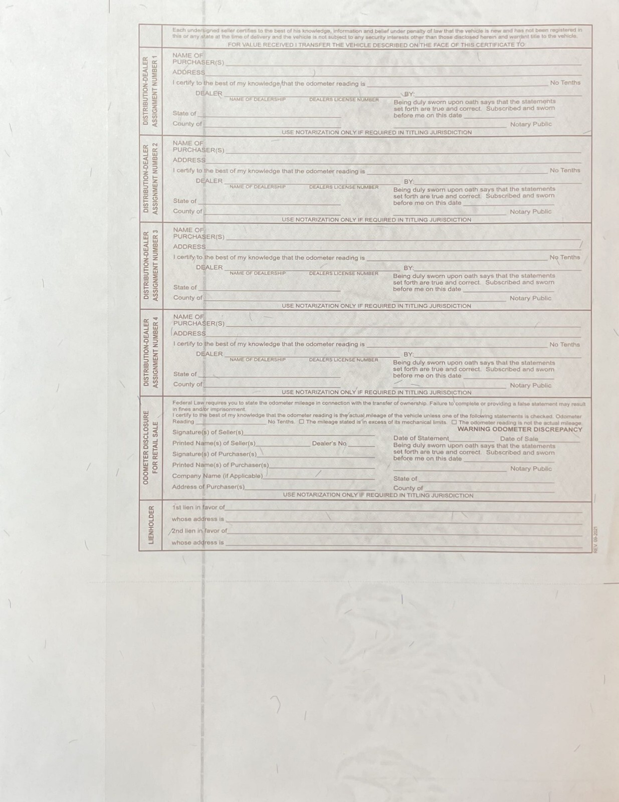 6 ea. Blank 50 STATE - Certificate of Origin MSO MCO Vehicle / Motorcycle - NEW
