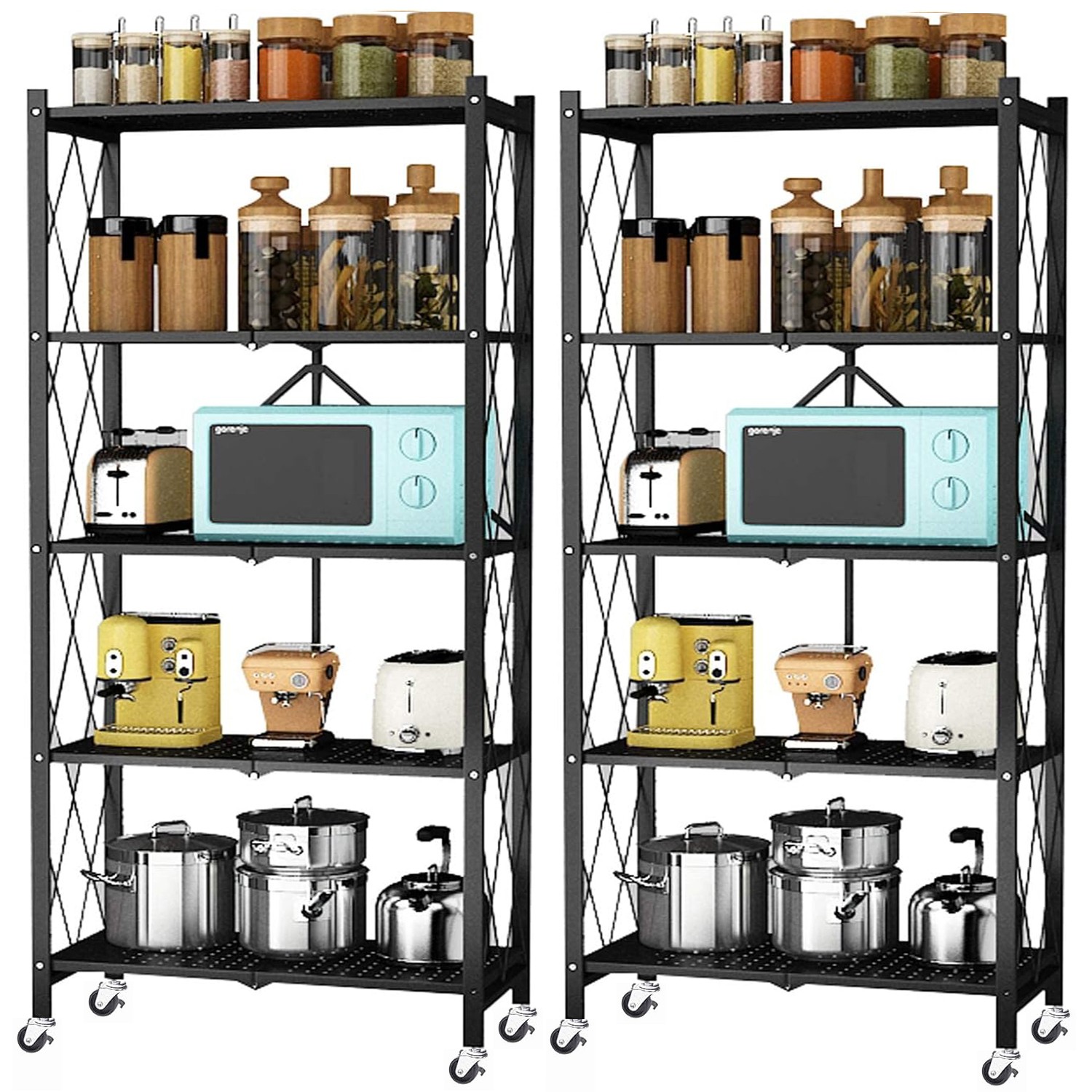 2x Foldable 5-Tier Storage Shelves w/ Wheels Heavy Duty Organizer Kitchen Garage
