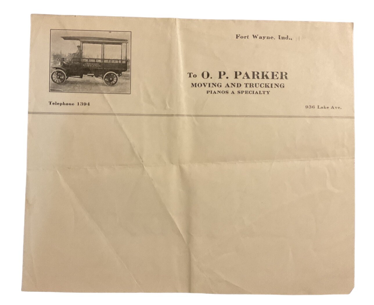 O P Parker Moving Trucking Piano Mover Fort Wayne IN Letterhead Stationery A1