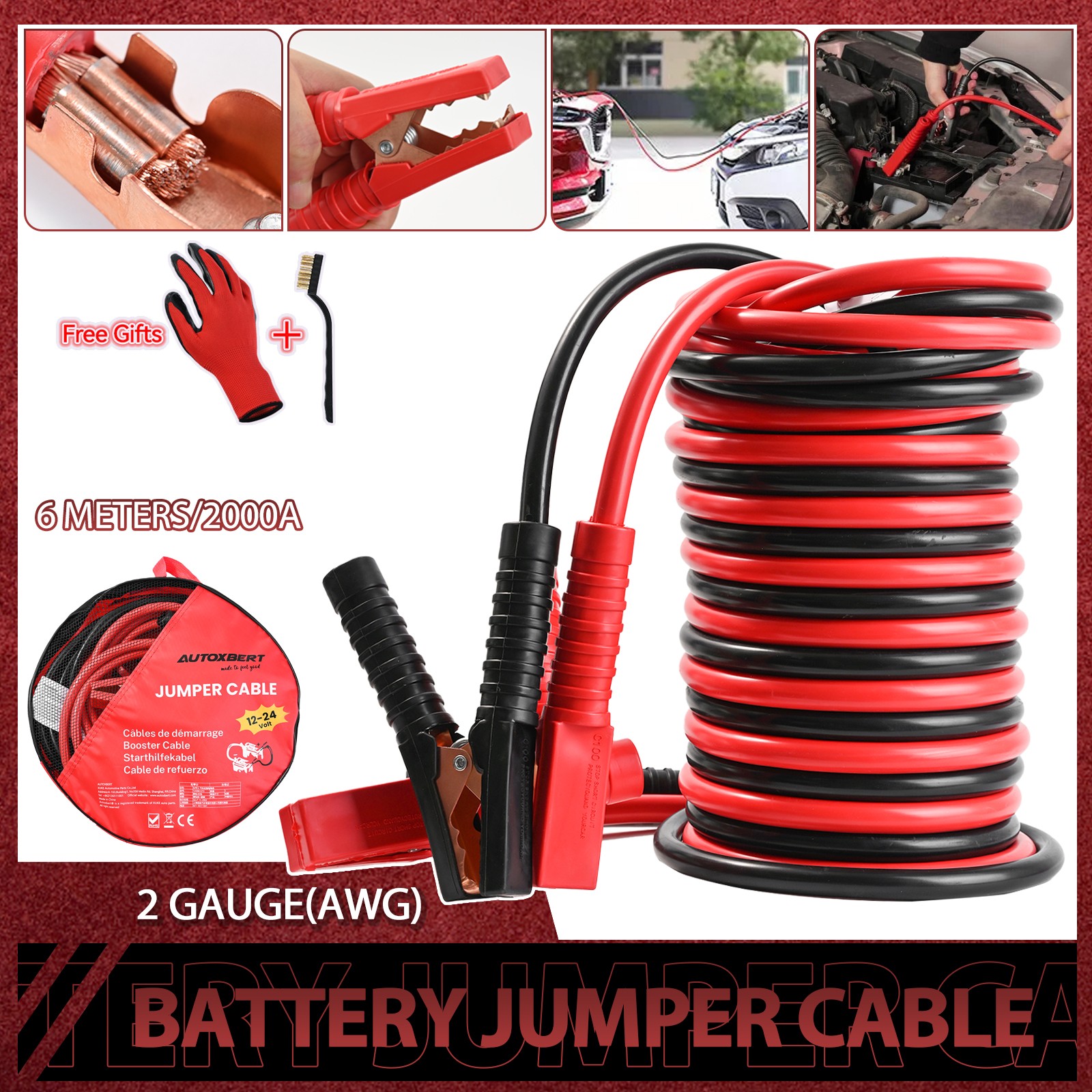 HEAVY DUTY 20FT BATTERY 2 GAUGE BOOSTER CABLE EMERGENCY POWER JUMPER 2000 AMP