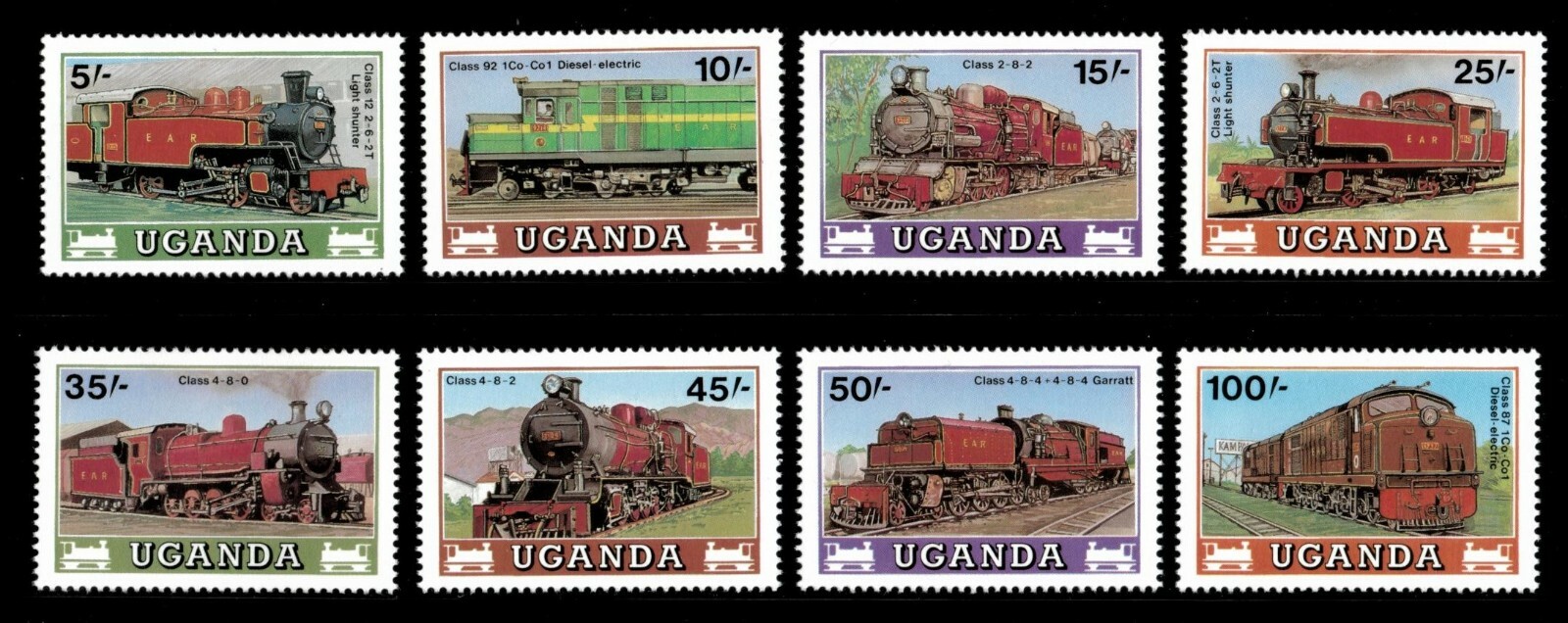 Uganda 1988 - TRAINS - Set of 8 (Scott #589-96) - MNH