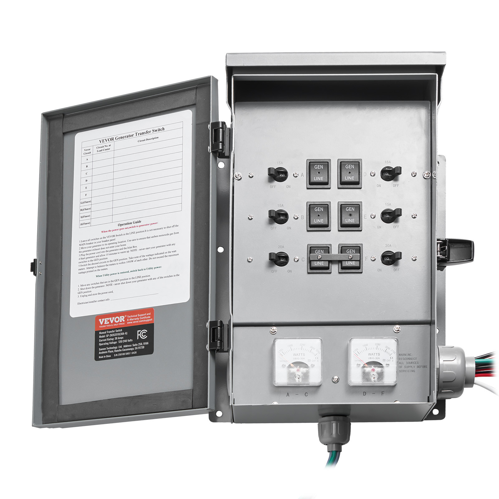 VEVOR Manual Transfer Switch 30A Generator Transfer Switch Kit NEMA 3R 7500W