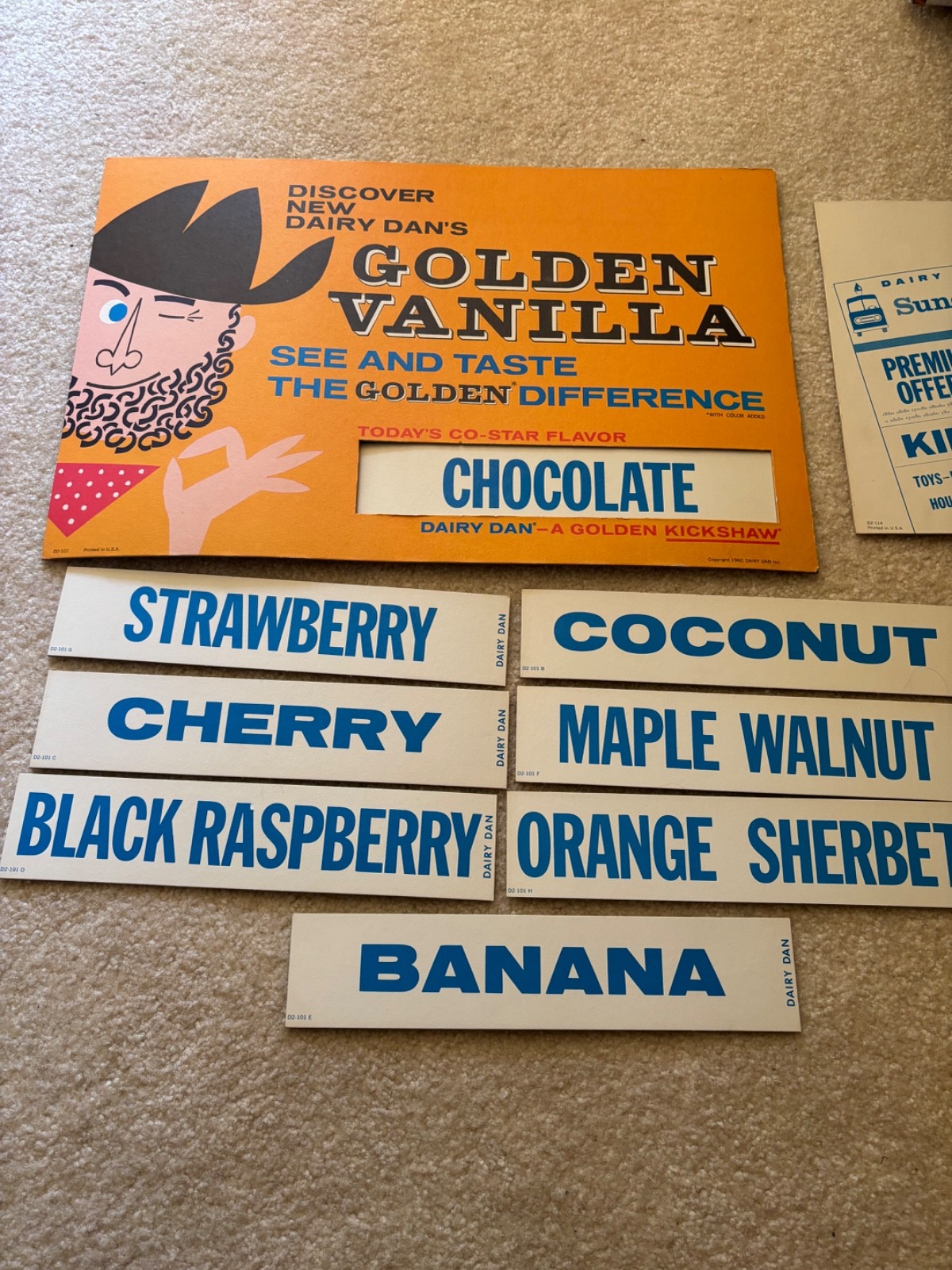1962 Vintage Dairy Dan Inc. Ice Cream, Daily Flavor Menu Board