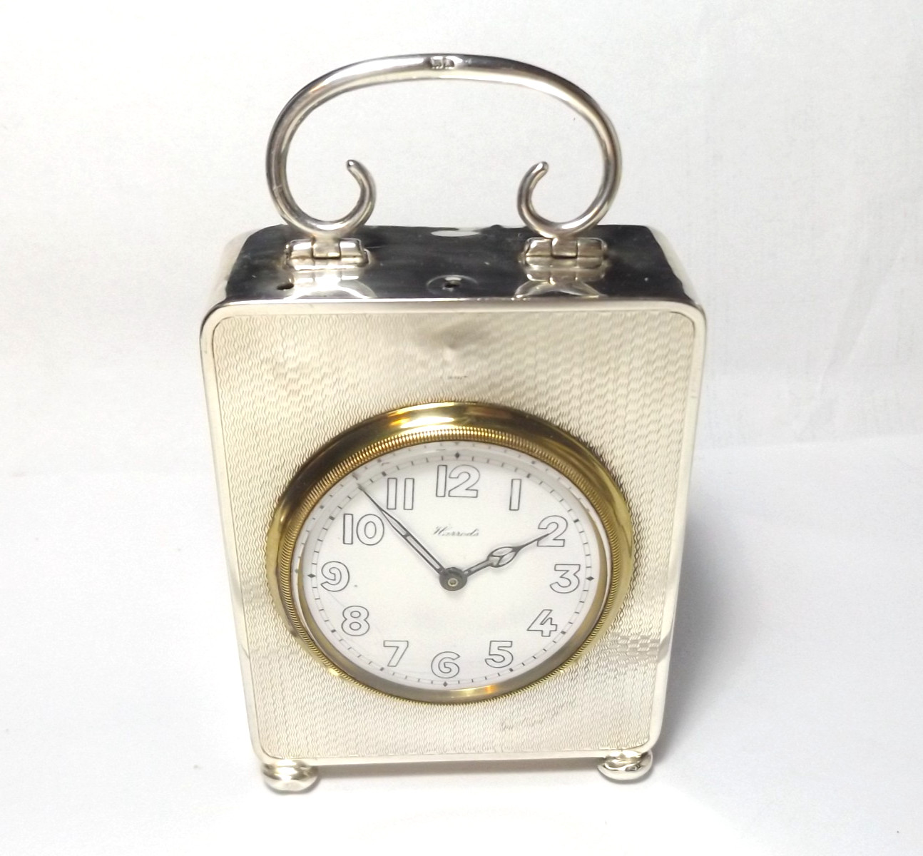 ANTIQUE HARROD'S STERLING SILVER CLOCK, BEDSIDE/ DESK CLOCK BIRMINGHAM 1925