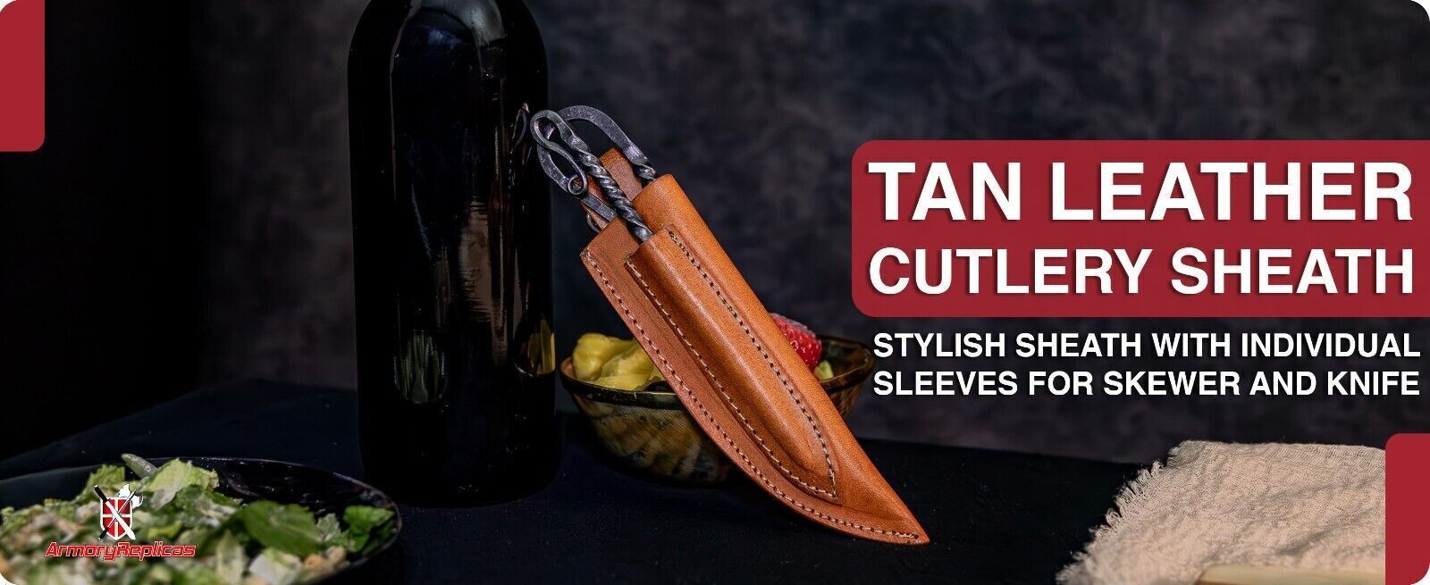 Forged Iron Functional Outdoor Camping Grilling Skewer & Knife Set w/ Sheath