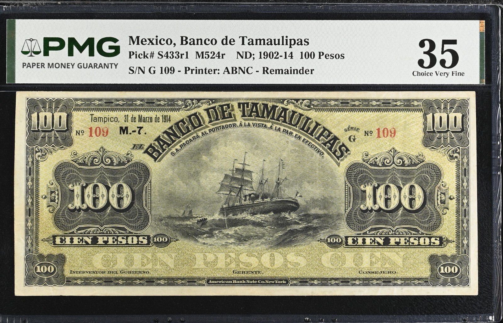 M524d Mexico Banco de Tamaulipas 100 Pesos ND P S433 PMG 35 Unsigned with Seals
