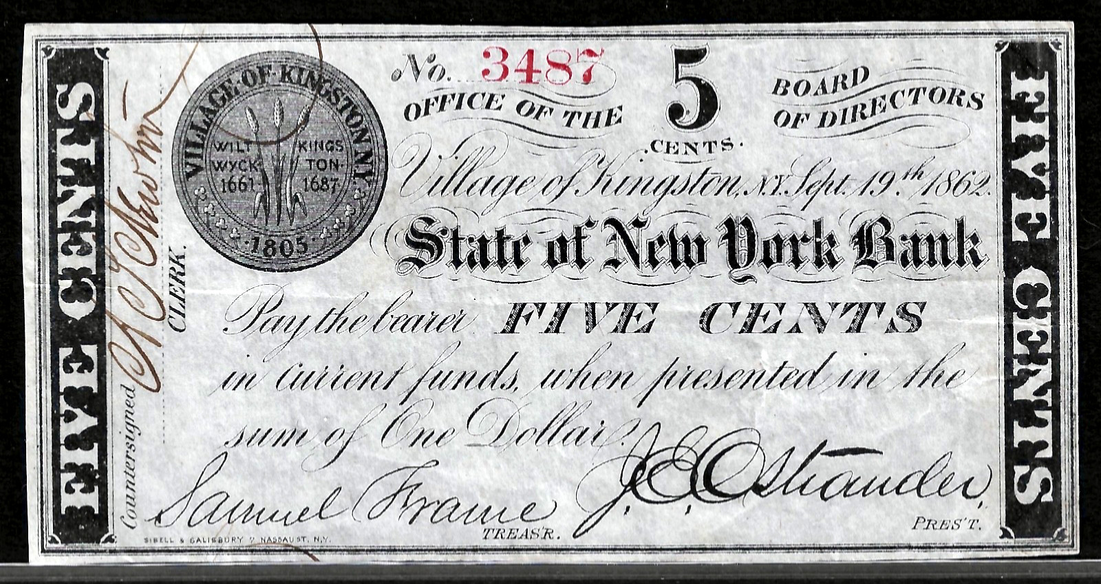 Sept 19, 1862 Kingston NY State Of New York Bank 5 Cents Obsolete Banknote Note