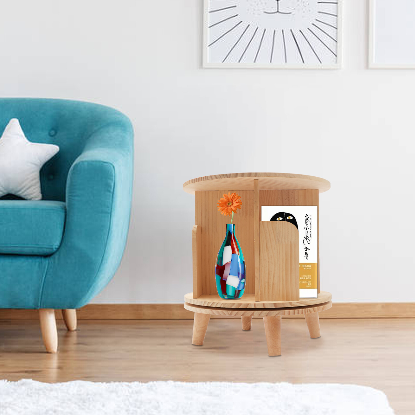 360° Rotating Bookshelf Wood Bookcase Storage Shelf Freestanding Display Rack