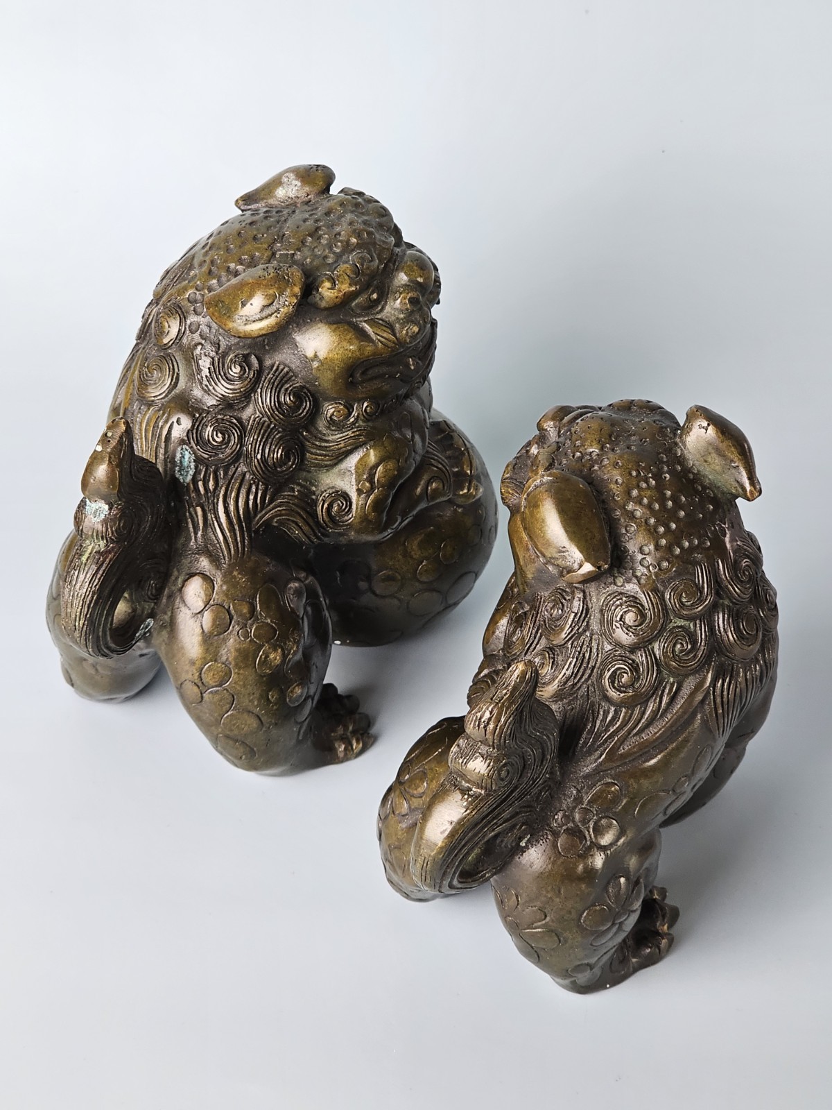 Vintage Asian Mythical Fu Foo Dog Guardian Lions Bronze Sculpture Marked
