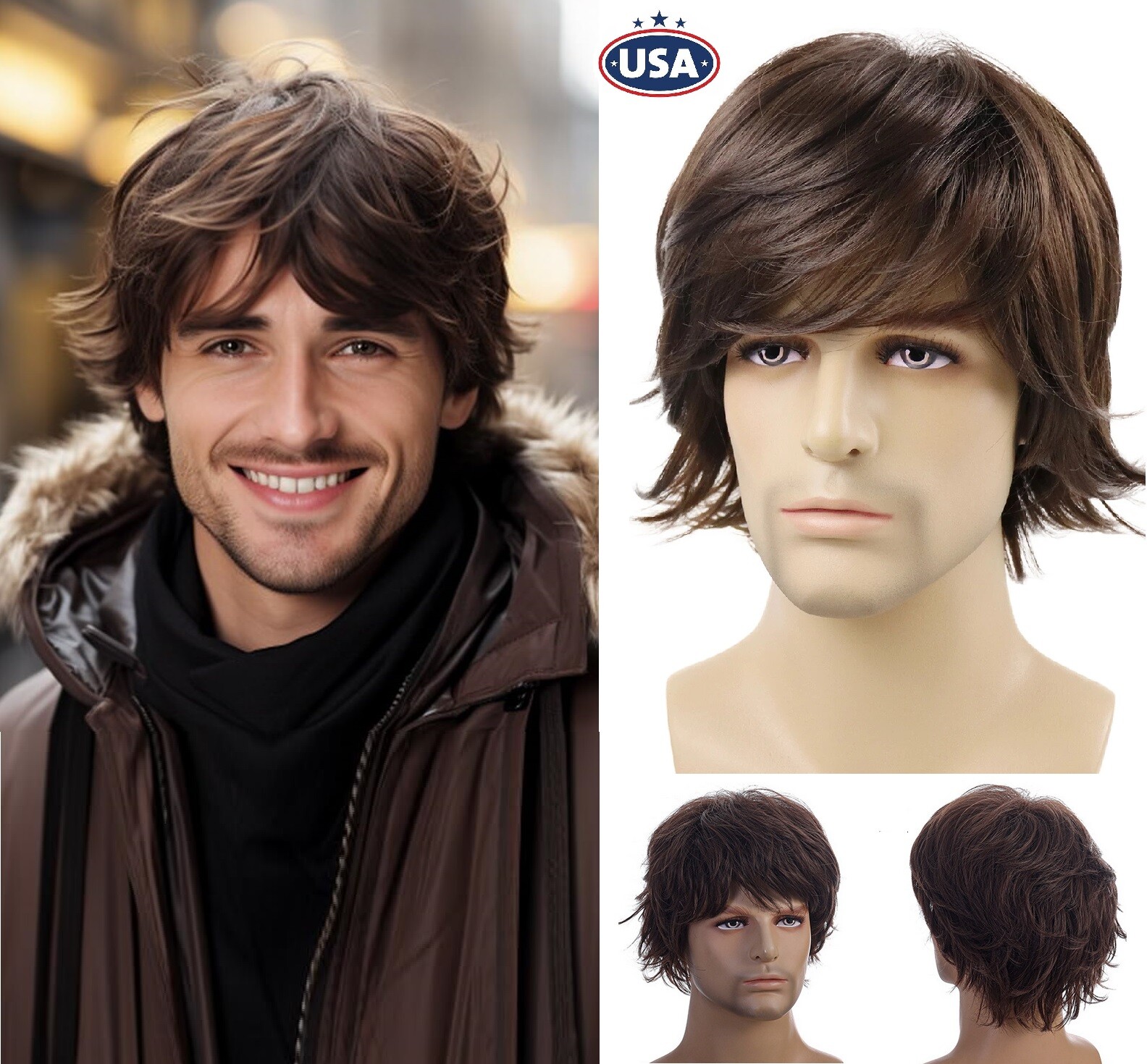 Men's Short Brown Wig Natural Fluffy Synthetic Hair Wig Heat Resistant Daily USA