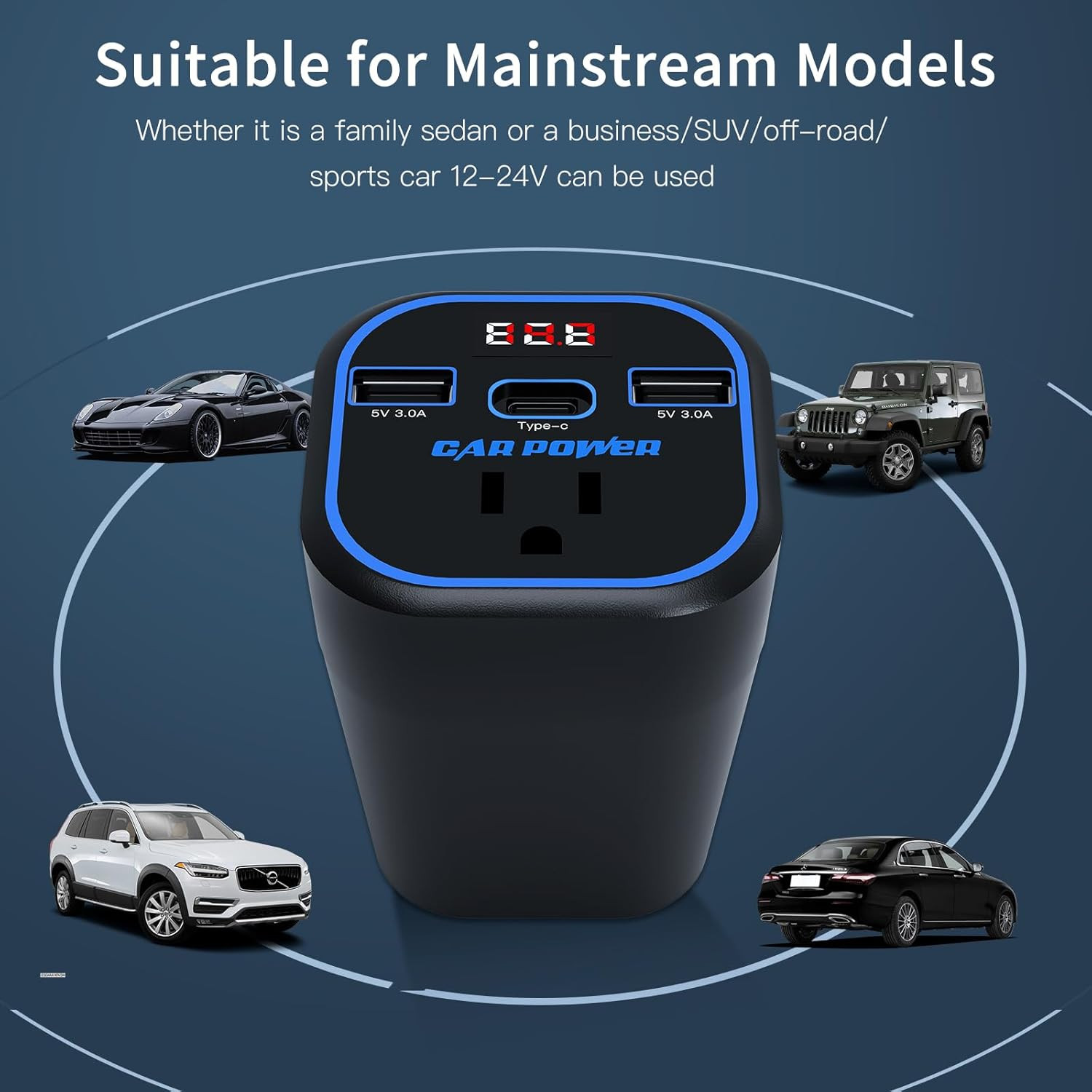 200W Car Power Inverter 12V to 110V Outlet Adapter Dual USB Type-C Blue