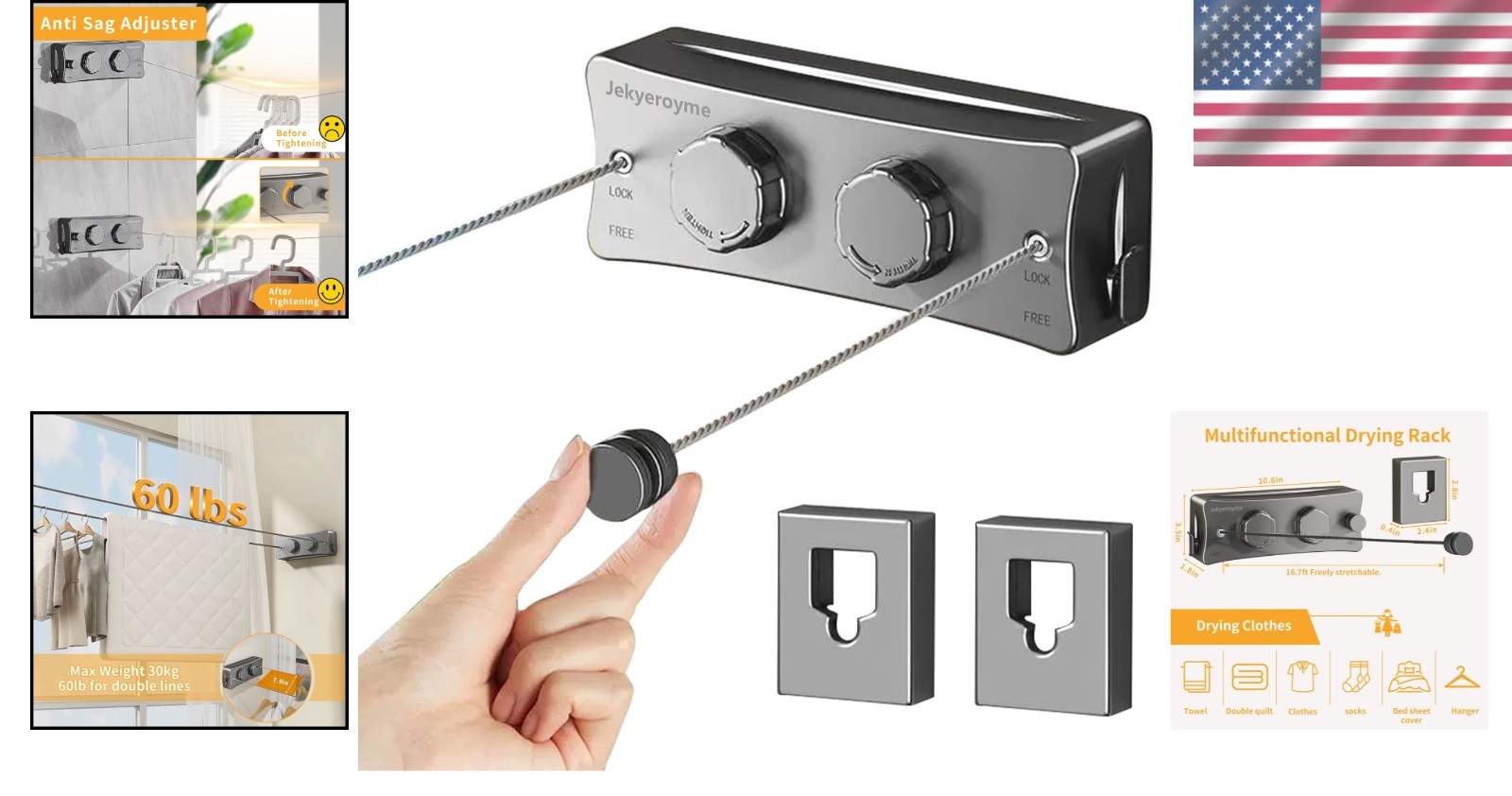 Retractable Clothesline Indoor Outdoor 16.7 Ft Stainless Steel Wall Mounted D...