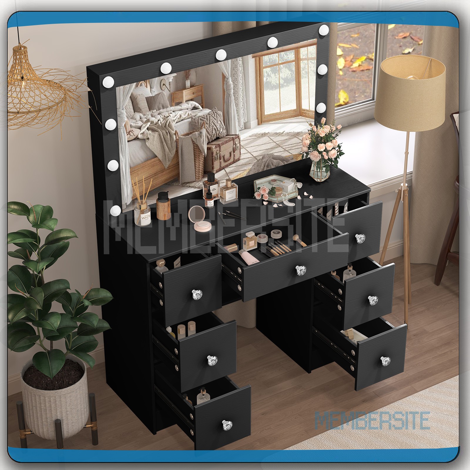 Black Vanity Makeup Desk Dressing Table With Large Mirror + Drawer &Crystal Pull